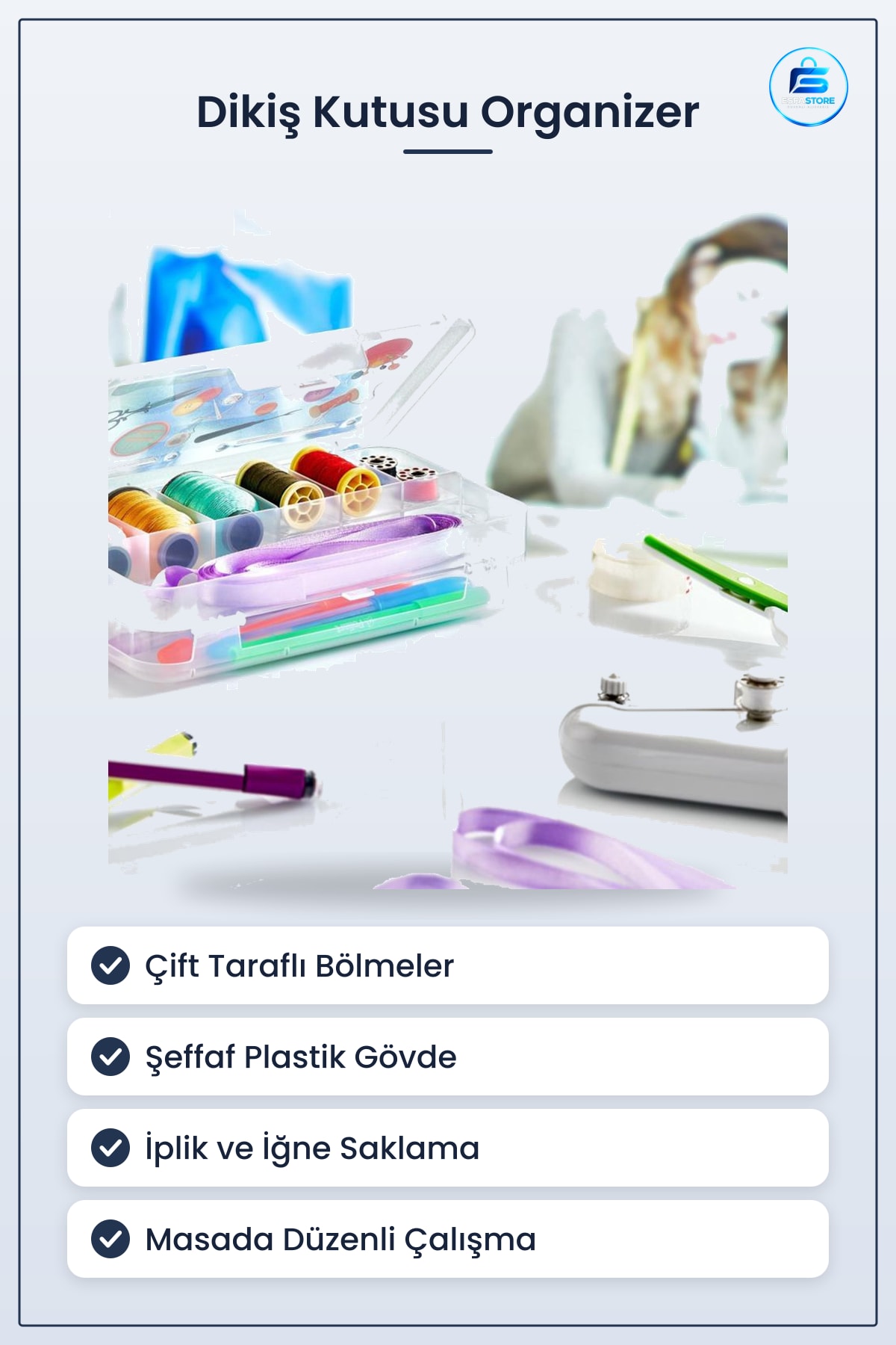 Dikiş Kutusu Çift Taraflı Bölmeli Hobi Organizer Plastik Malzeme Saklama Kabı Çok Katlı Pratik