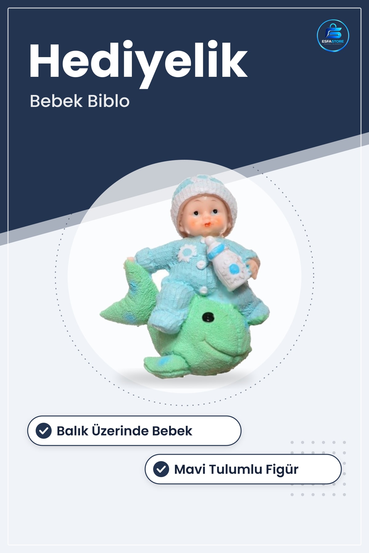Bebek Biblo Mavi Balık Üzerinde Oturan Hediyelik Polyester Süs Eşyası 7,5cm x 12cm 13cm