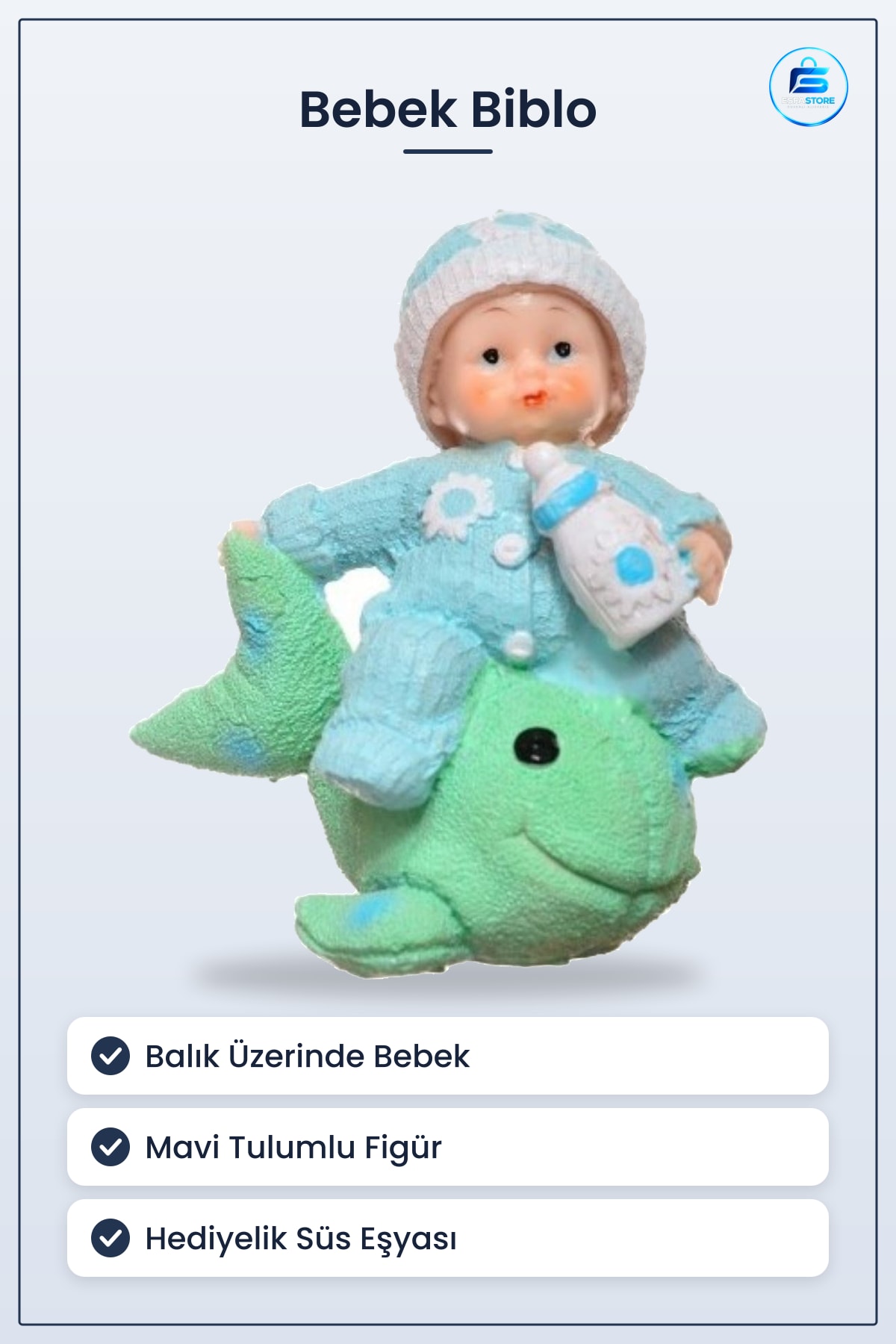 Bebek Biblo Mavi Balık Üzerinde Oturan Hediyelik Polyester Süs Eşyası 7,5cm x 12cm 13cm