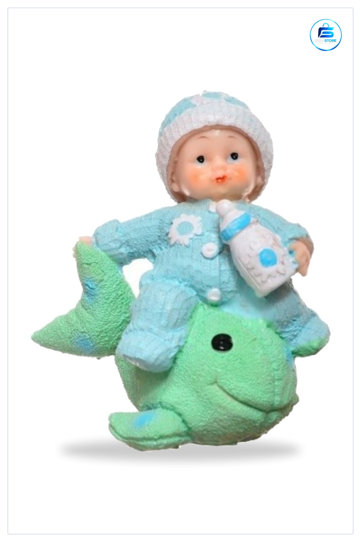 Bebek Biblo Mavi Balık Üzerinde Oturan Hediyelik Polyester Süs Eşyası 7,5cm x 12cm 13cm