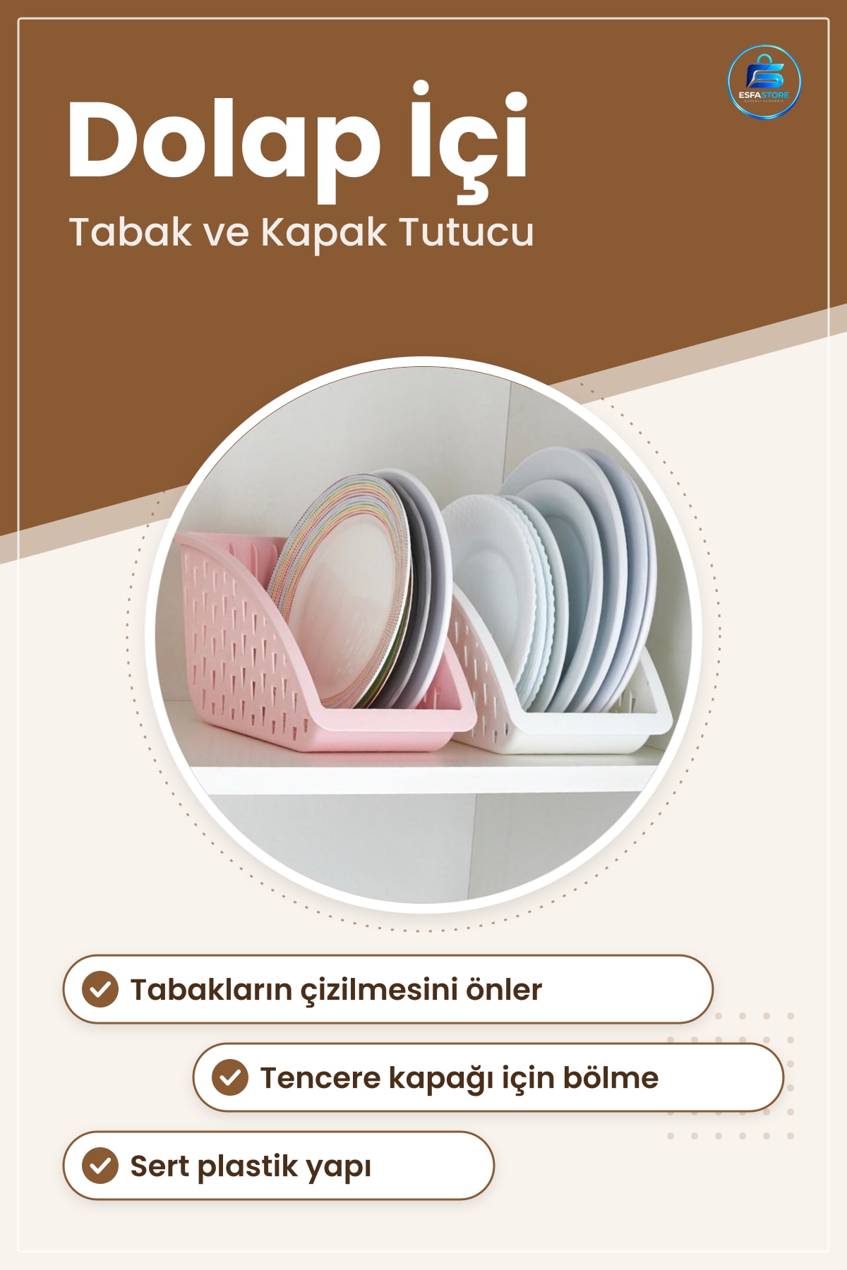 Tabak ve Tencere Kapak Organizeri 23x10x15 cm Dolap İçi Sert Plastik Tabaklık 6 Yemek Tabağı