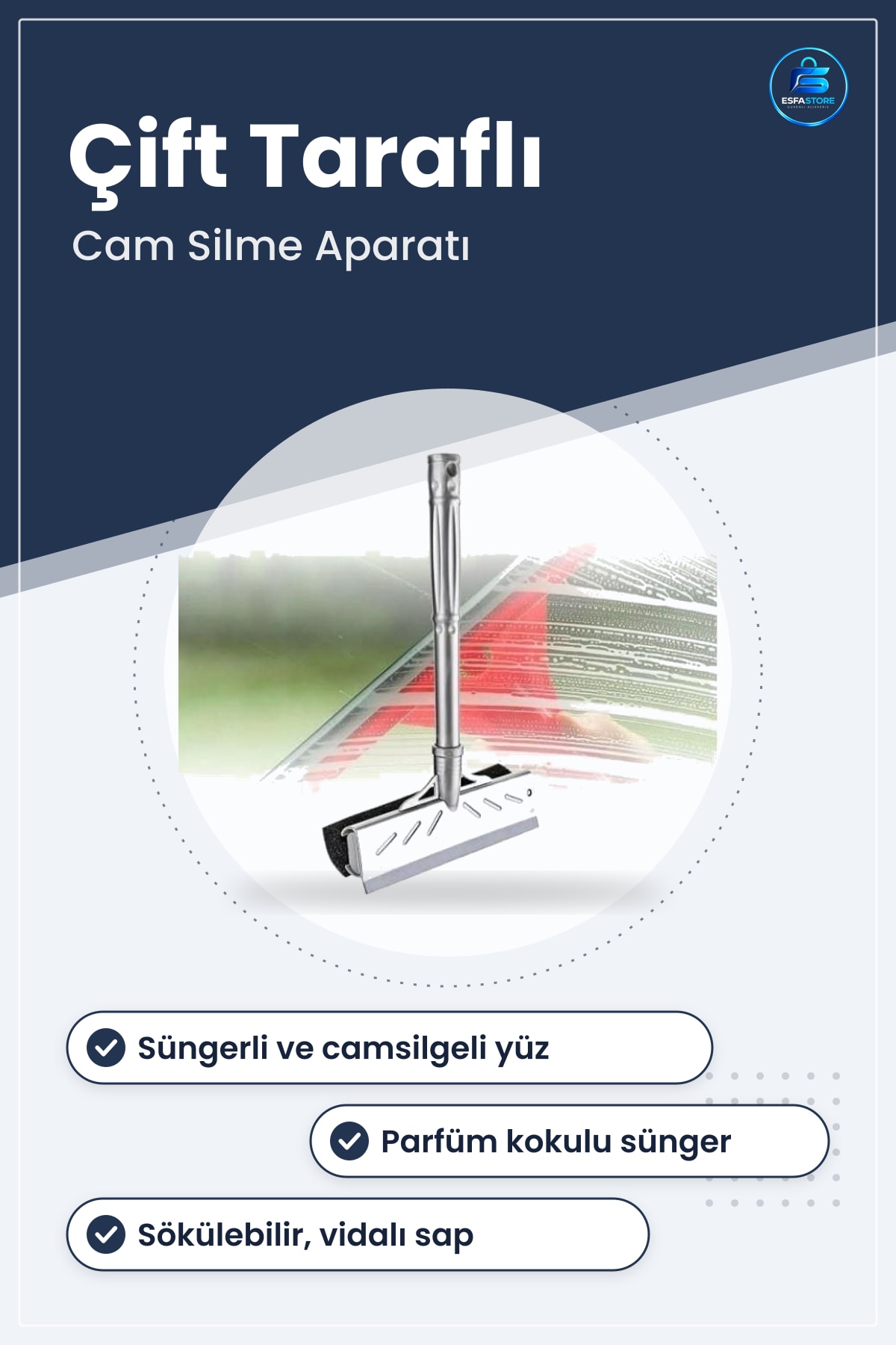 Çift Taraflı Cam Silme Aparatı Parfüm Kokulu Süngerli Camsil 22 cm 27 Vidalı Sap