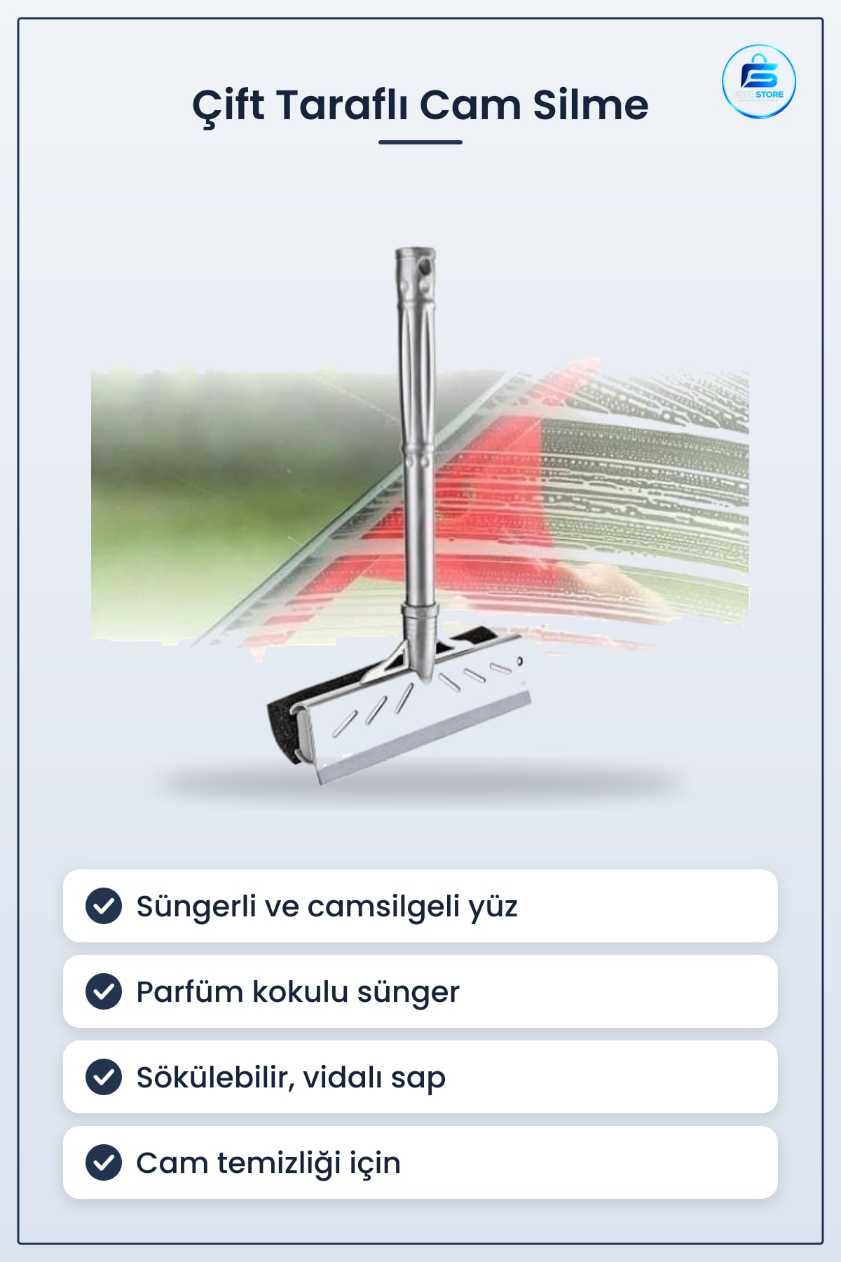 Çift Taraflı Cam Silme Aparatı Parfüm Kokulu Süngerli Camsil 22 cm 27 Vidalı Sap