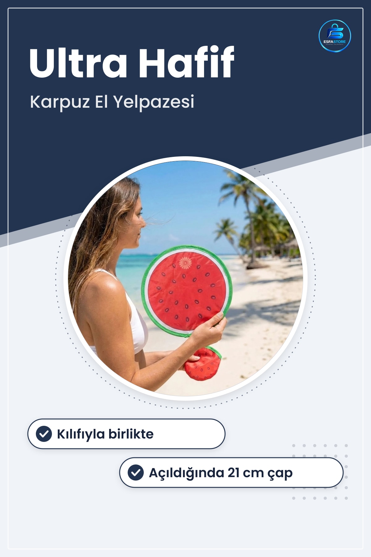 Karpuz Desenli Katlanabilir Yuvarlak El Yelpazesi Kılıflı Plaj Festival Yaz Aksesuarı Hediyelik