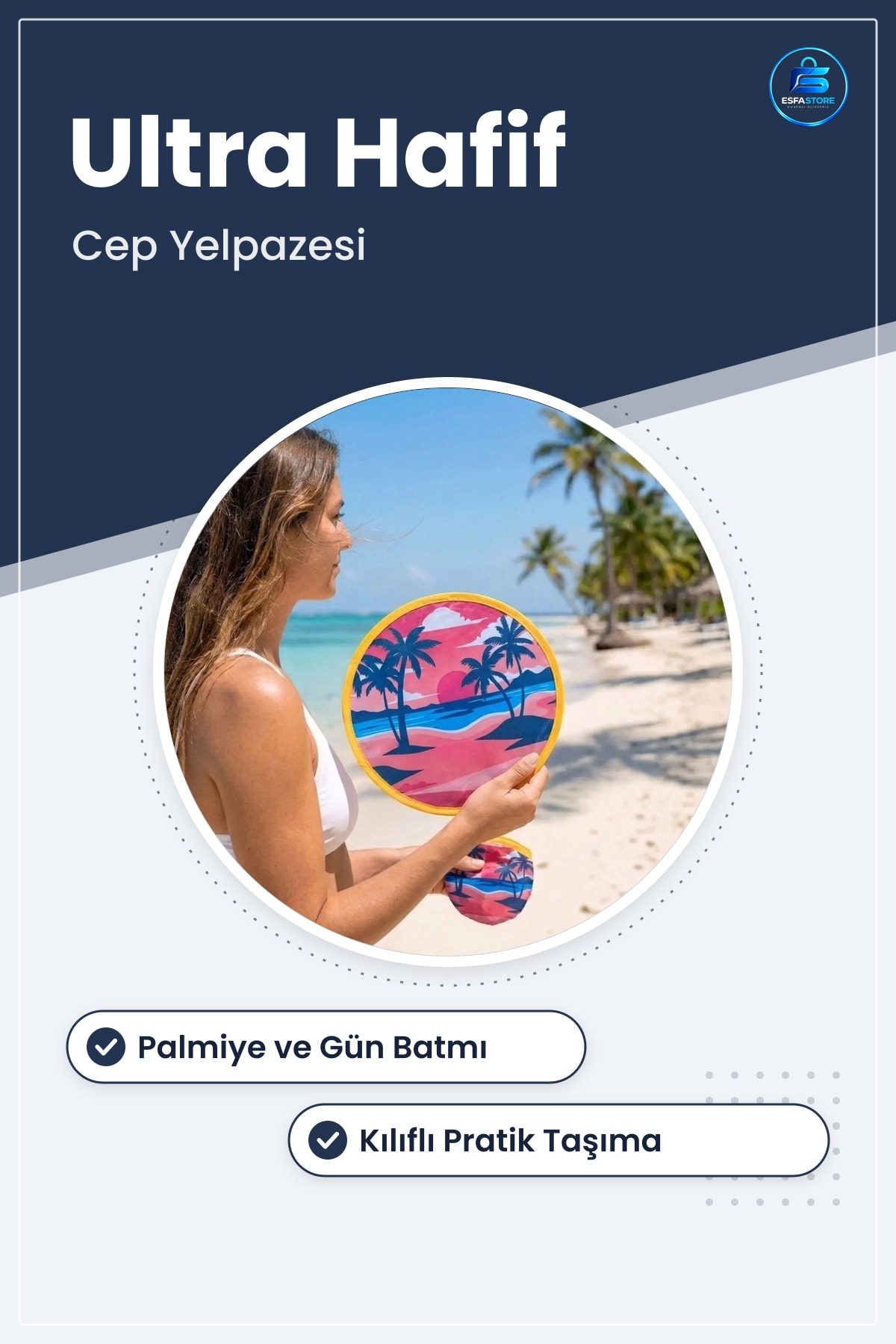 Gün Batımı Palmiye Desenli Katlanabilir Cep Yelpazesi Kılıflı Yuvarlak Otomatik Açılıp Kapanan
