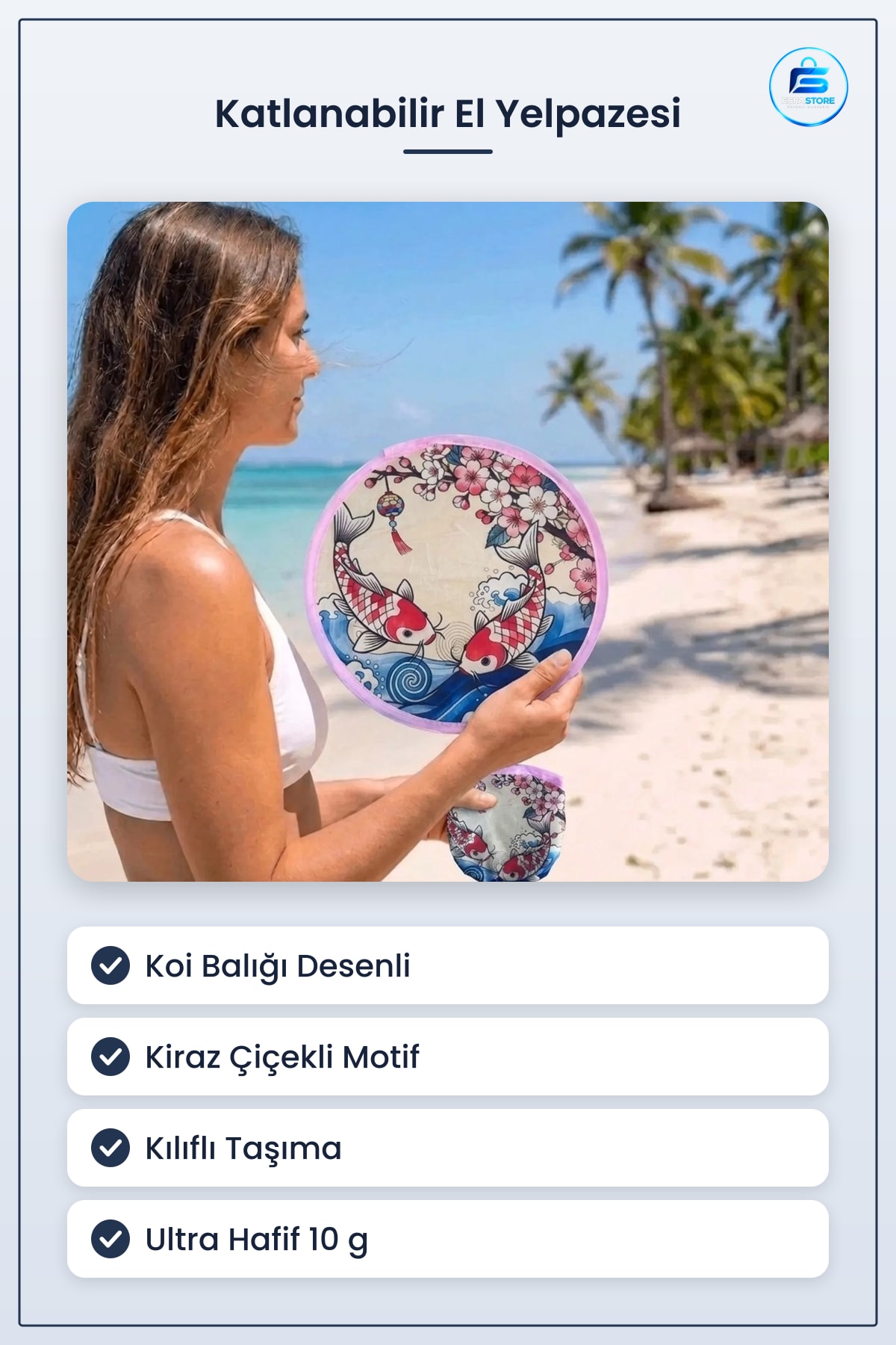 Koi Balığı ve Kiraz Çiçeği Desenli Katlanabilir El Yelpazesi Japon Stili Kılıflı Yuvarlak