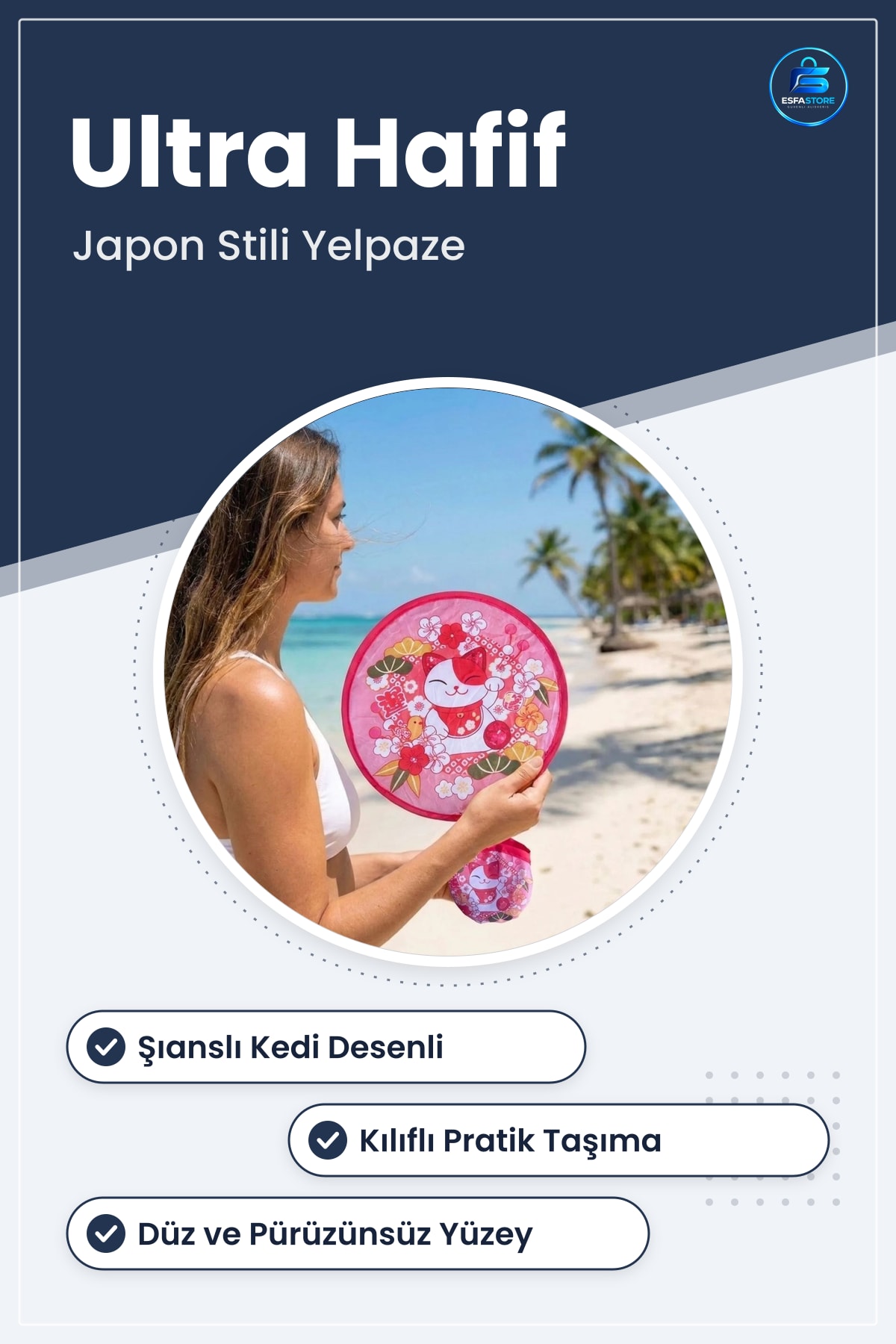 Şanslı Kedi Desenli Japon Stili Katlanabilir El Yelpazesi Kılıflı Otomatik Açılıp Kapanan Cep Tipi