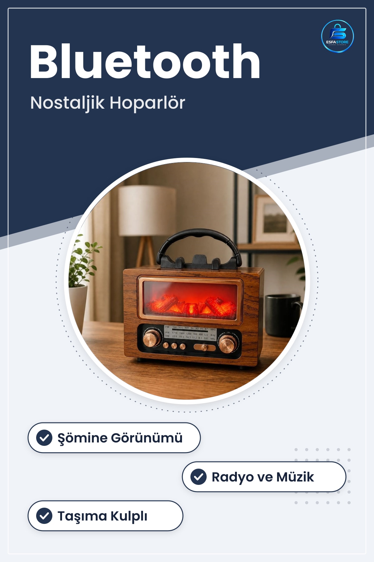 Şömine Görünümlü Bluetooth Hoparlör Nostaljik Radyo Kablosuz Müzik Çalar Dekoratif Retro Tasarım