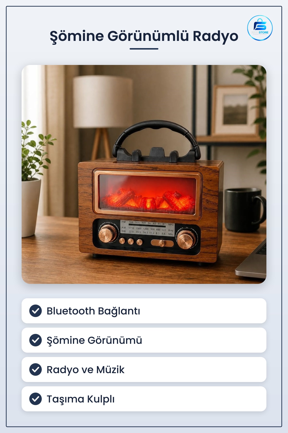 Şömine Görünümlü Bluetooth Hoparlör Nostaljik Radyo Kablosuz Müzik Çalar Dekoratif Retro Tasarım