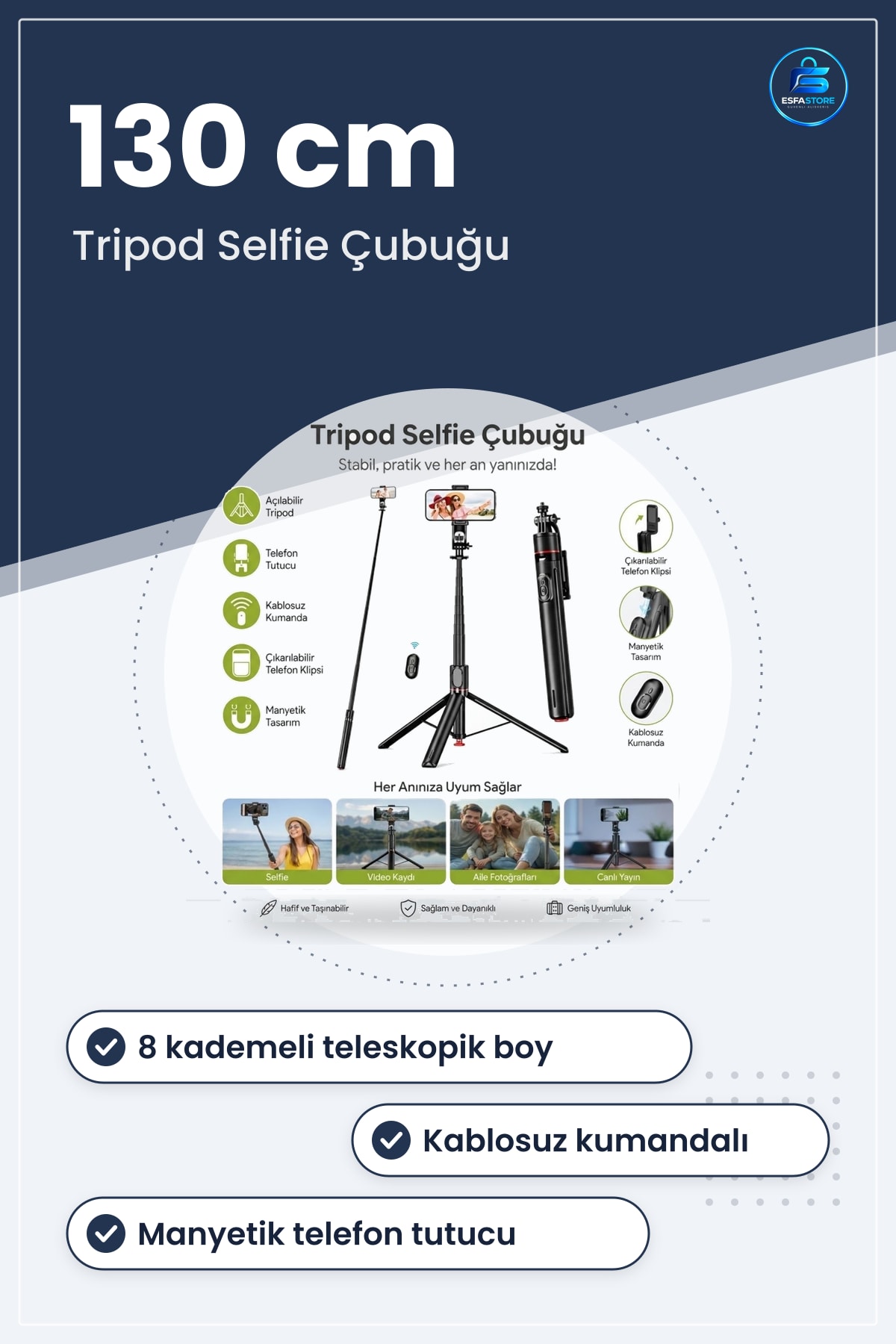 Uzayabilen Manyetik Kumandalı Tripod Telefon Tutuculu Alüminyum Gövdeli Selfie Çubuğu Pratik