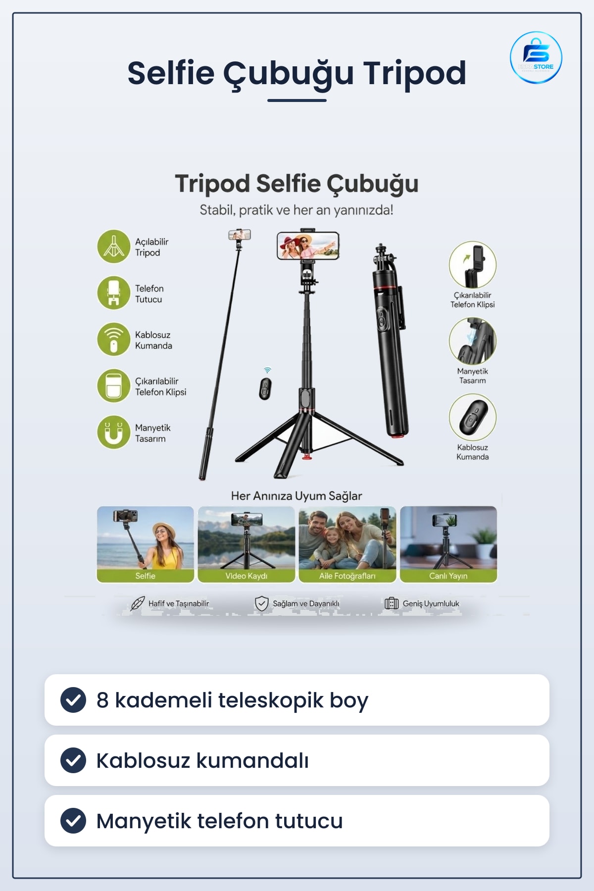 Uzayabilen Manyetik Kumandalı Tripod Telefon Tutuculu Alüminyum Gövdeli Selfie Çubuğu Pratik
