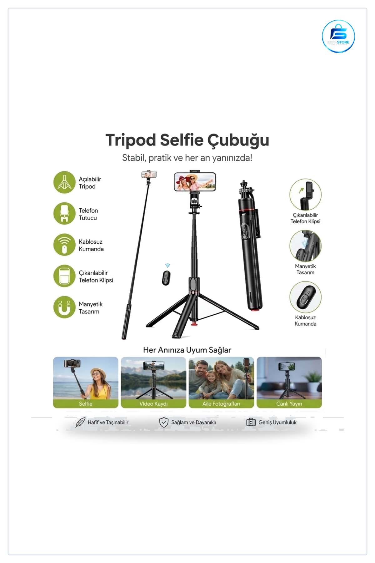 Uzayabilen Manyetik Kumandalı Tripod Telefon Tutuculu Alüminyum Gövdeli Selfie Çubuğu Pratik