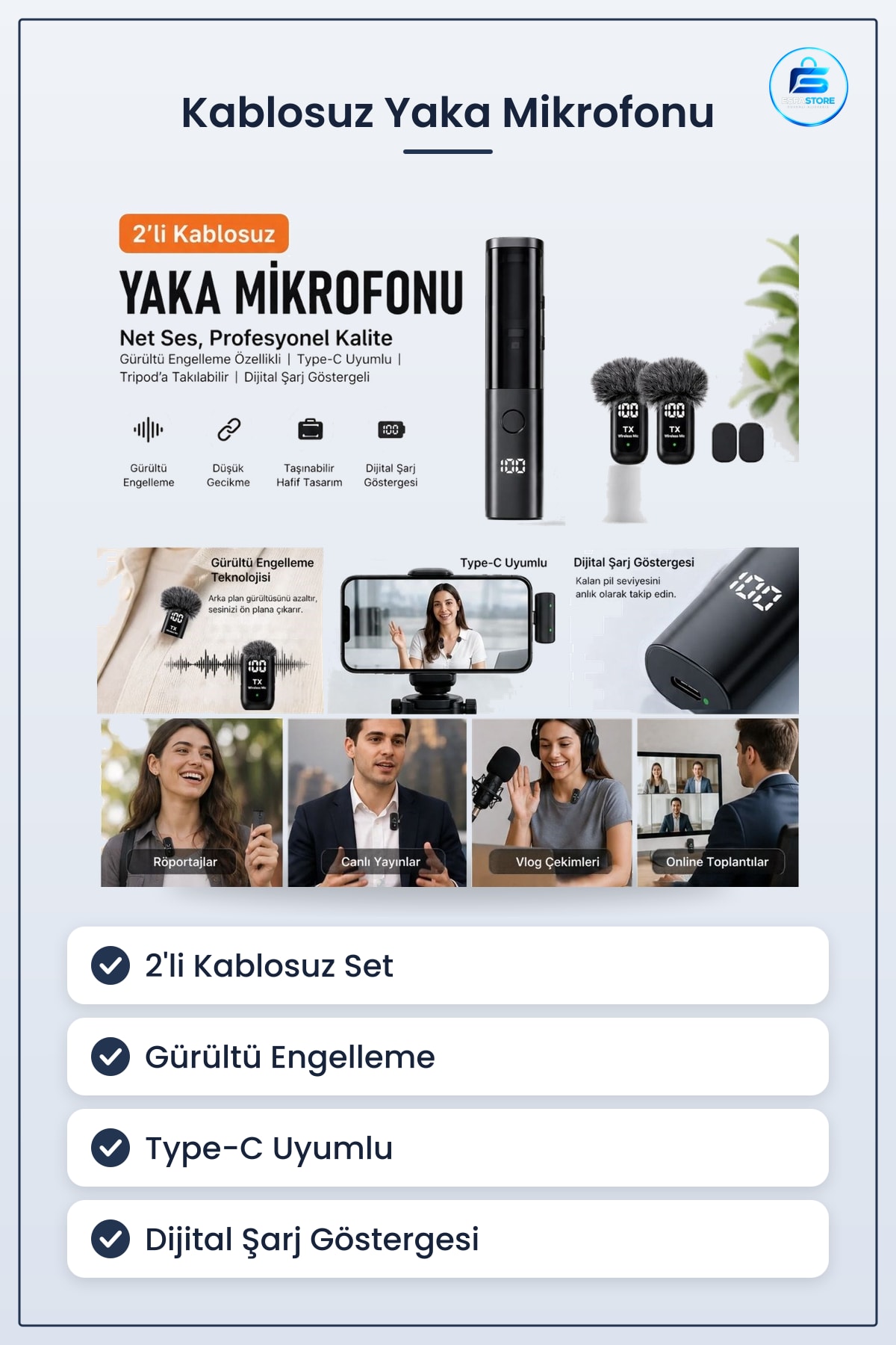 Kablosuz Yaka Mikrofonu Type C Uyumlu Gürültü Engelleme Özellikli Telefon Seti Video Çekimi