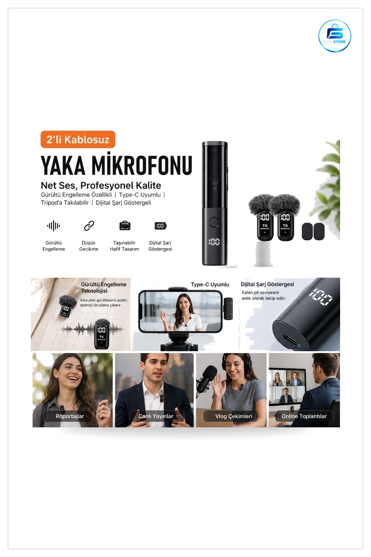 Kablosuz Yaka Mikrofonu Type C Uyumlu Gürültü Engelleme Özellikli Telefon Seti Video Çekimi
