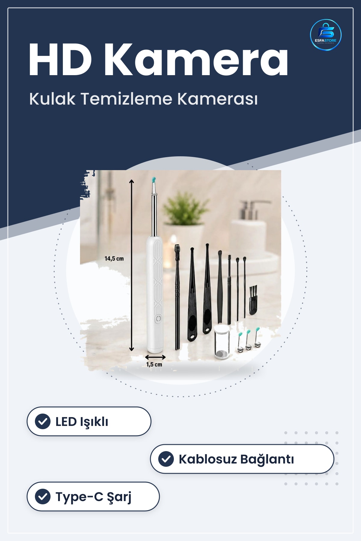 Kablosuz HD Görüntülü Kulak Temizleme Kamerası LED Işıklı Şarjlı iOS ve Android Uyumlu Pratik