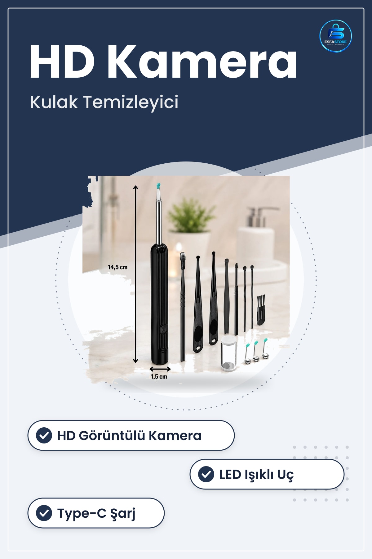 Kablosuz HD Görüntülü Kulak Temizleme Kamerası LED Işıklı Type C Şarjlı iOS ve Android Uyumlu