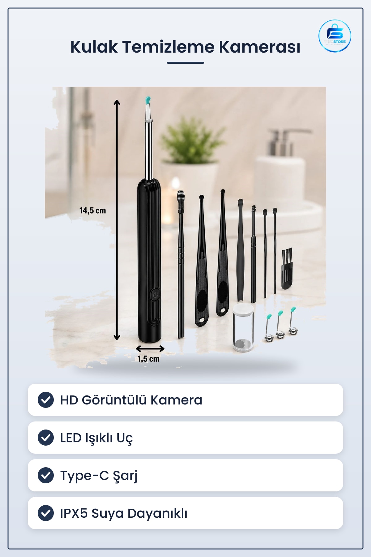 Kablosuz HD Görüntülü Kulak Temizleme Kamerası LED Işıklı Type C Şarjlı iOS ve Android Uyumlu