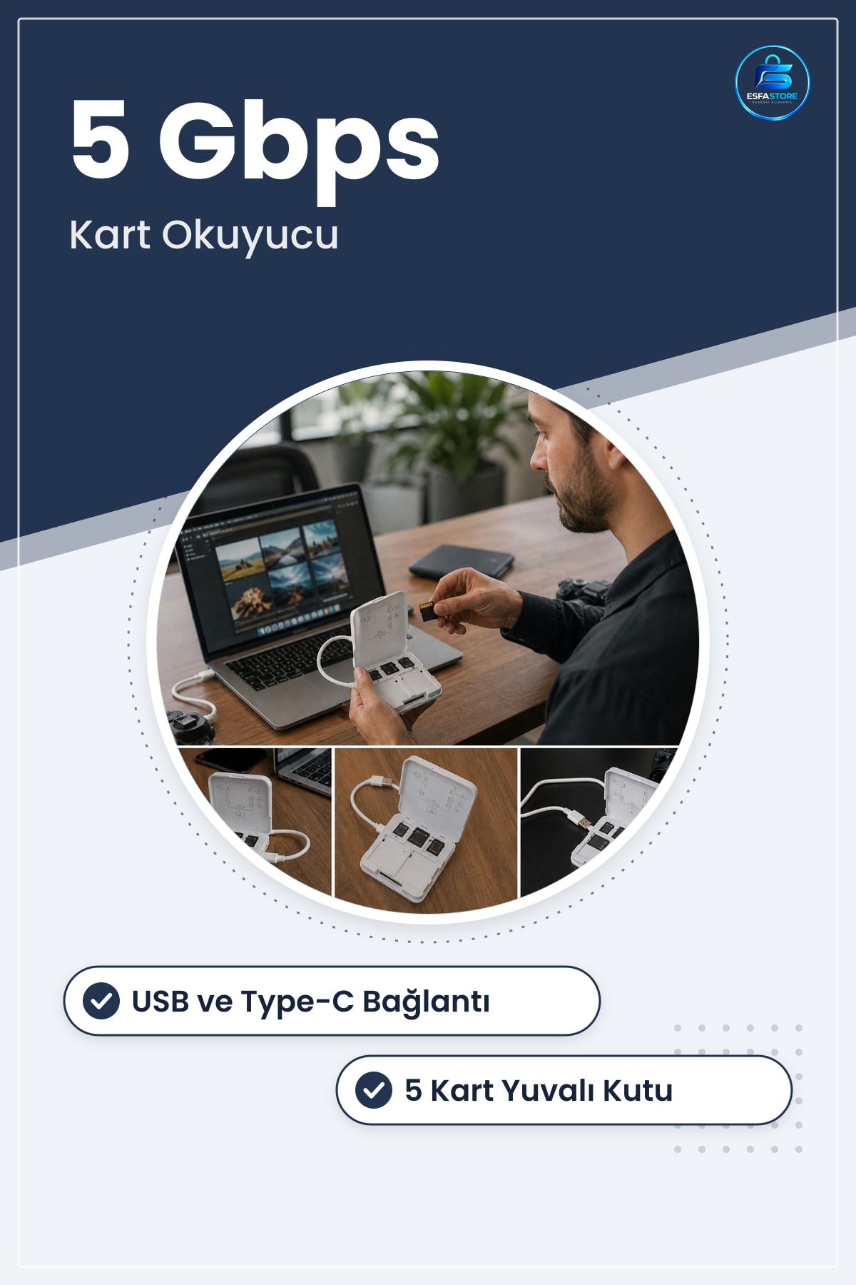 Kart Okuyucu USB ve Type C Uyumlu SD TF Hafıza Kartı Saklama Kutulu Pratik Veri Aktarım Adaptörü