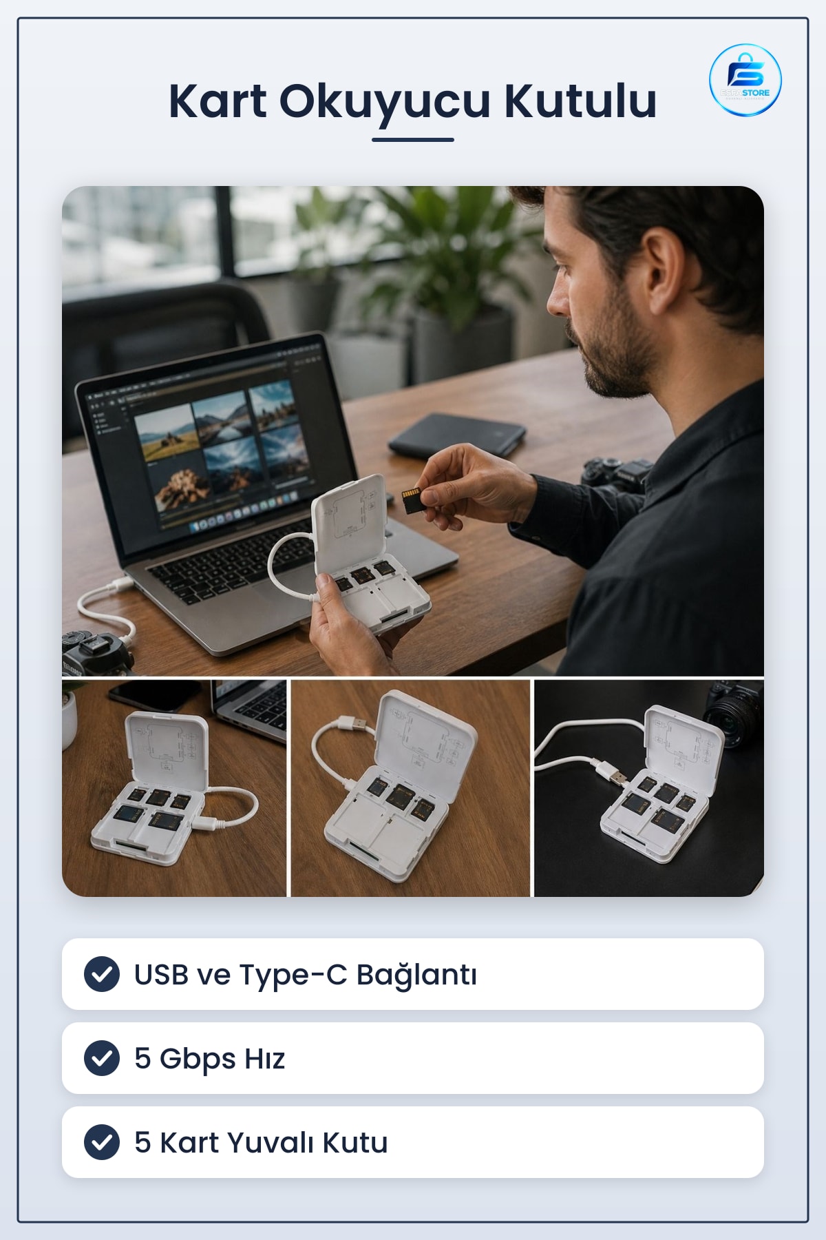 Kart Okuyucu USB ve Type C Uyumlu SD TF Hafıza Kartı Saklama Kutulu Pratik Veri Aktarım Adaptörü