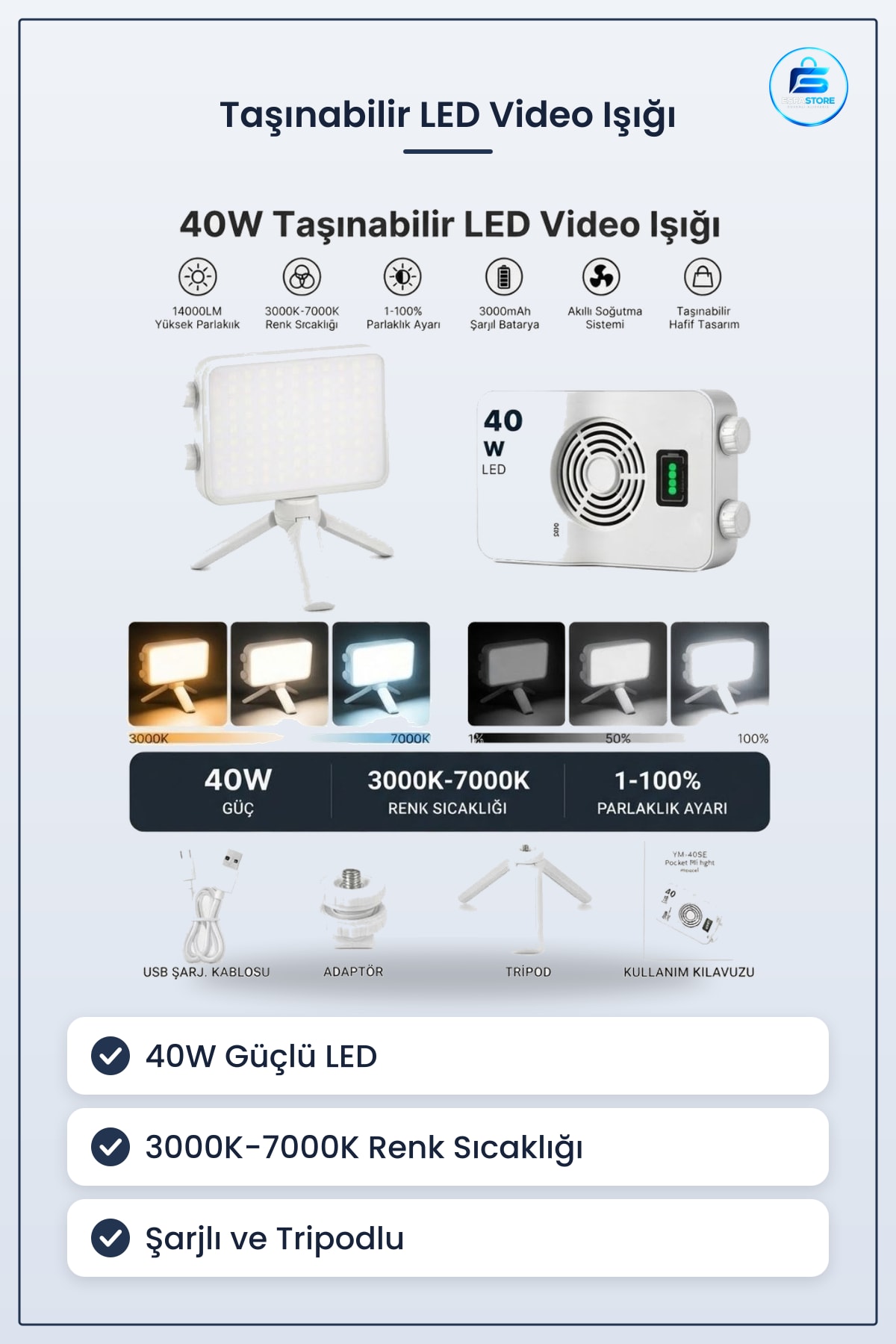 Taşınabilir LED Video Işığı Kamera Fotoğraf Dolgu Lambası Şarjlı Tripodlu Canlı Yayın Aydınlatma