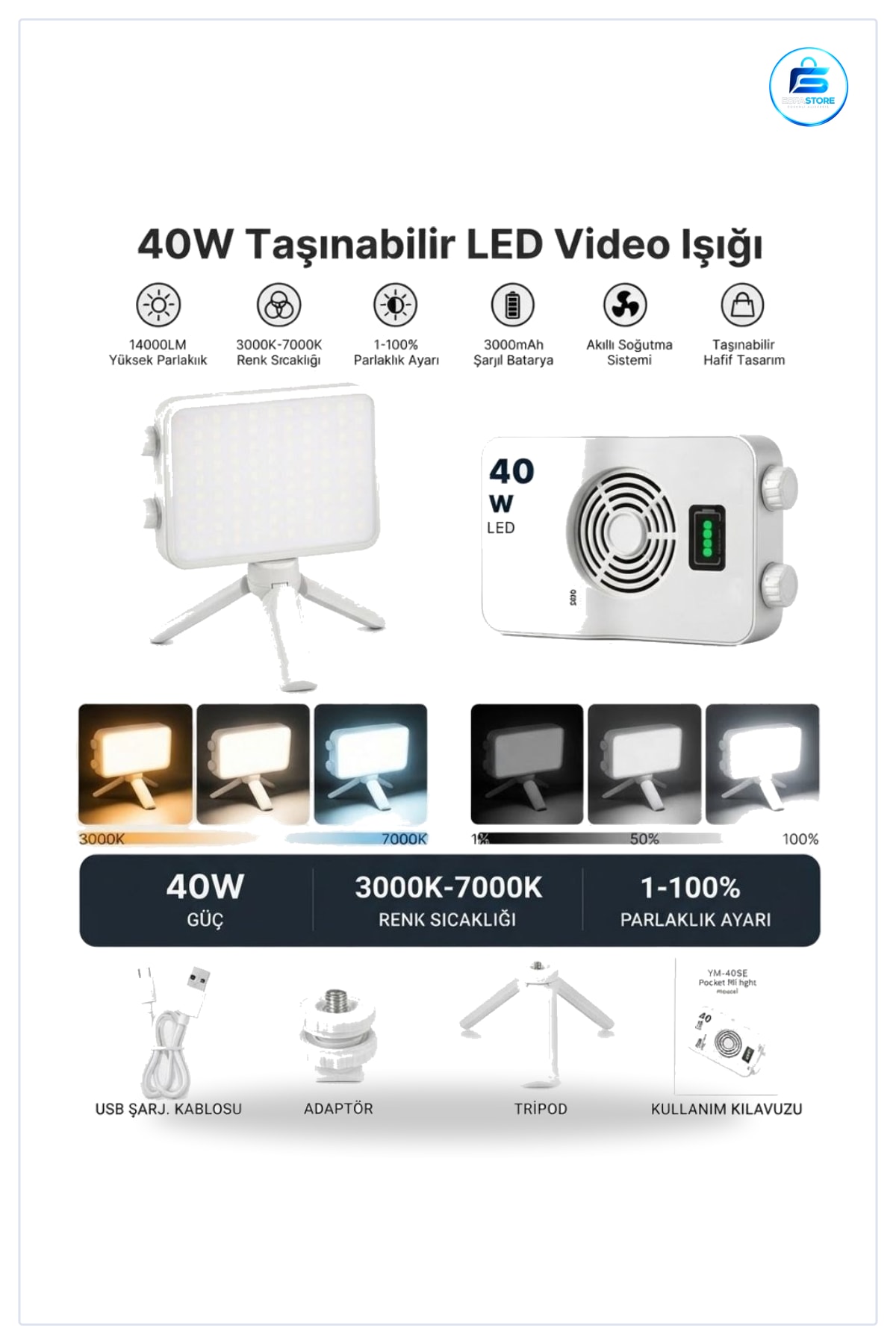 Taşınabilir LED Video Işığı Kamera Fotoğraf Dolgu Lambası Şarjlı Tripodlu Canlı Yayın Aydınlatma