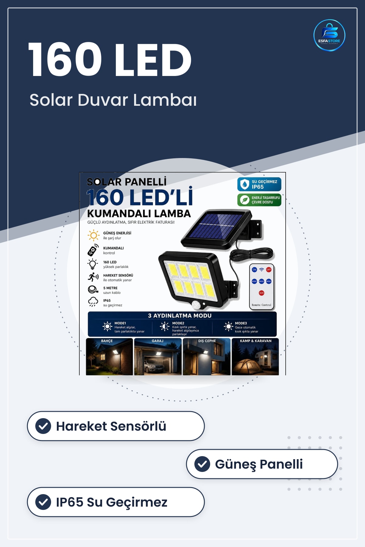Solar Bahçe Aydınlatması Güneş Panelli LED Kumandalı Hareket Sensörlü Dış Mekan Duvar Lambası