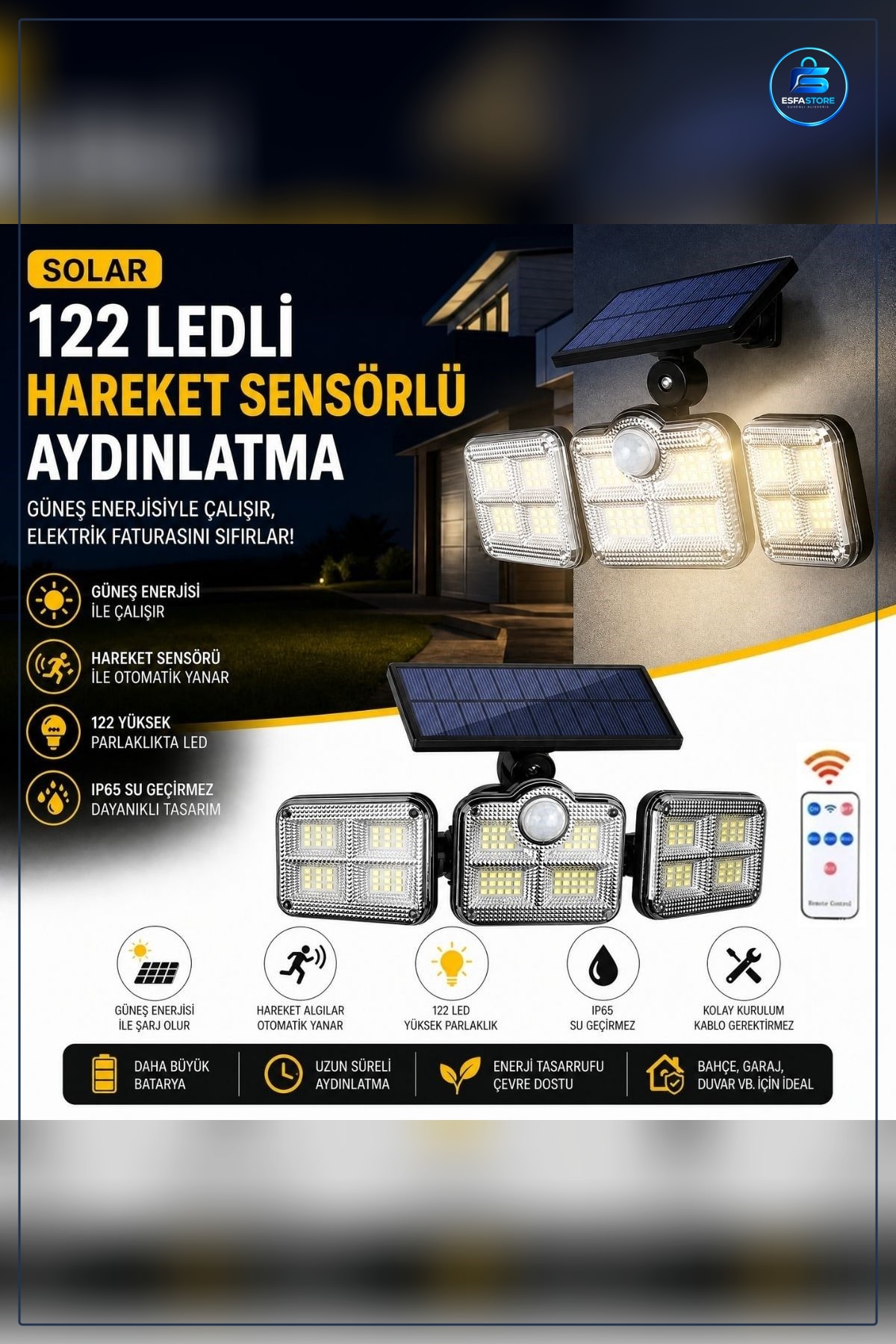 Solar Hareket Sensörlü Dış Mekan Duvar ve Bahçe Lambası Güneş Enerjili Aydınlatma Seti LED