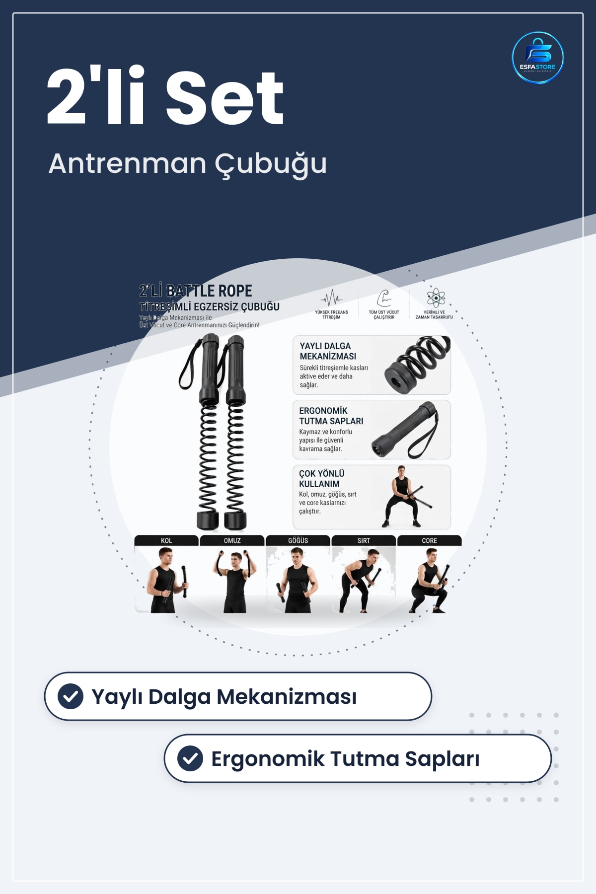 Battle Rope Titreşimli Egzersiz Çubuğu Yaylı Dalga Mekanizmalı Kol Omuz Göğüs Antrenman Aleti