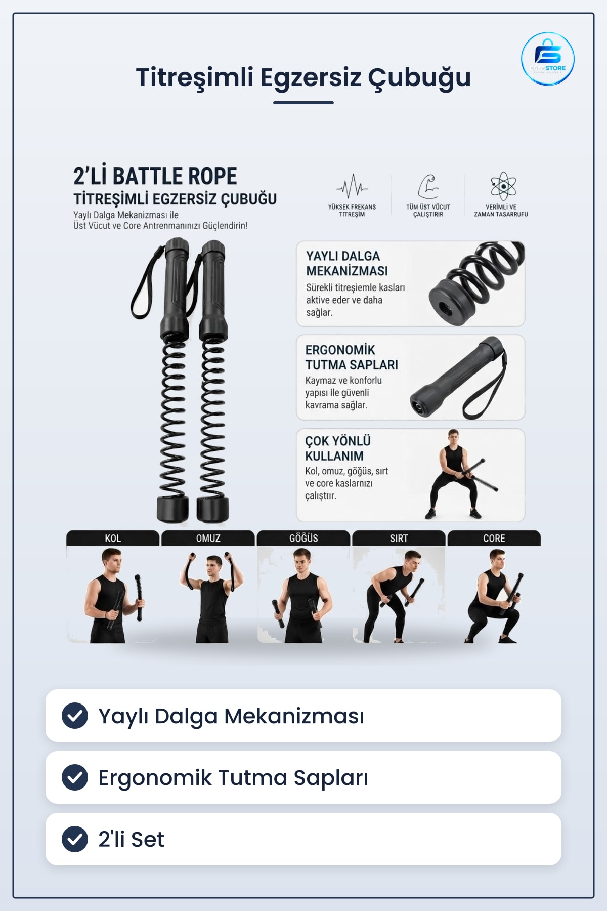 Battle Rope Titreşimli Egzersiz Çubuğu Yaylı Dalga Mekanizmalı Kol Omuz Göğüs Antrenman Aleti