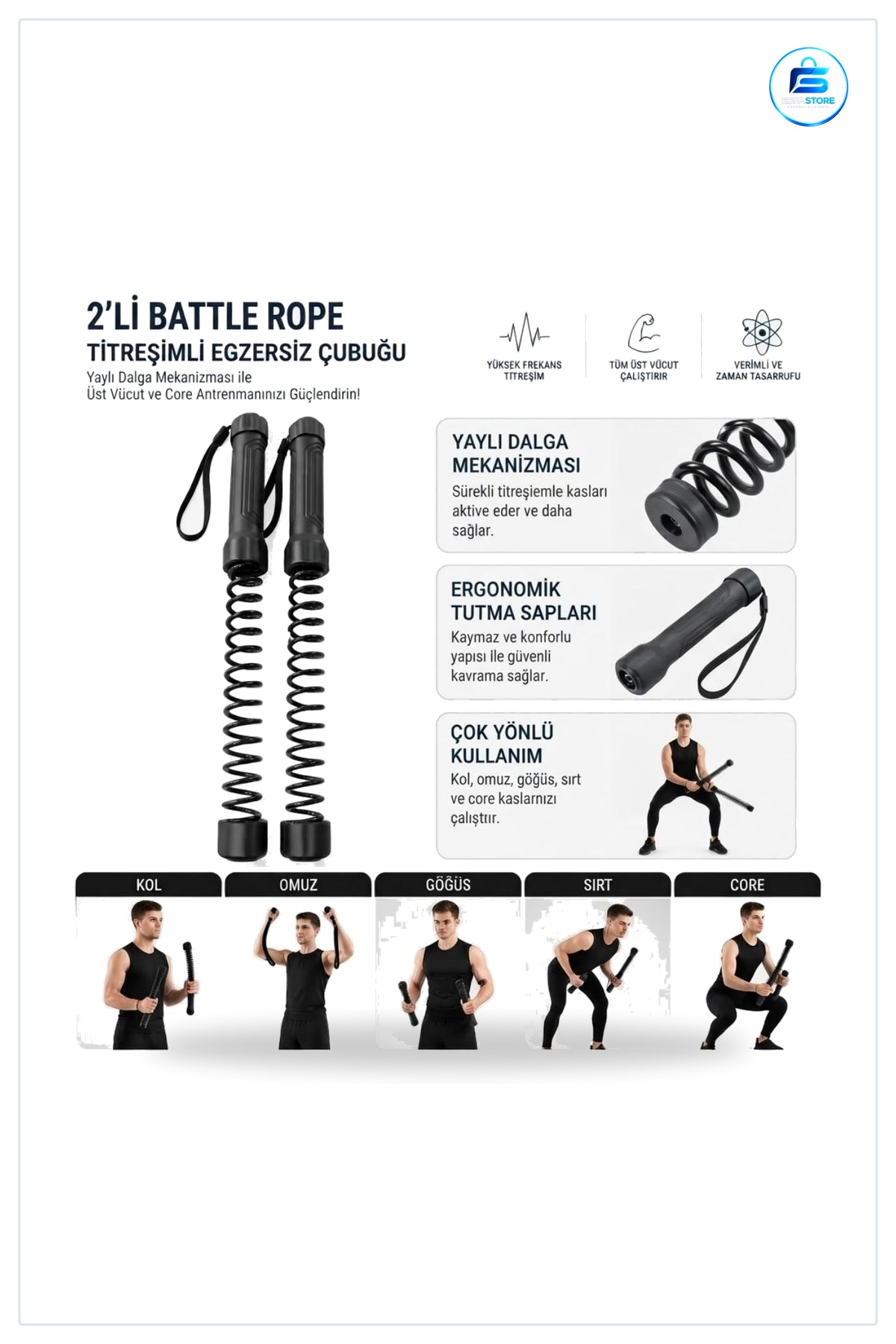Battle Rope Titreşimli Egzersiz Çubuğu Yaylı Dalga Mekanizmalı Kol Omuz Göğüs Antrenman Aleti