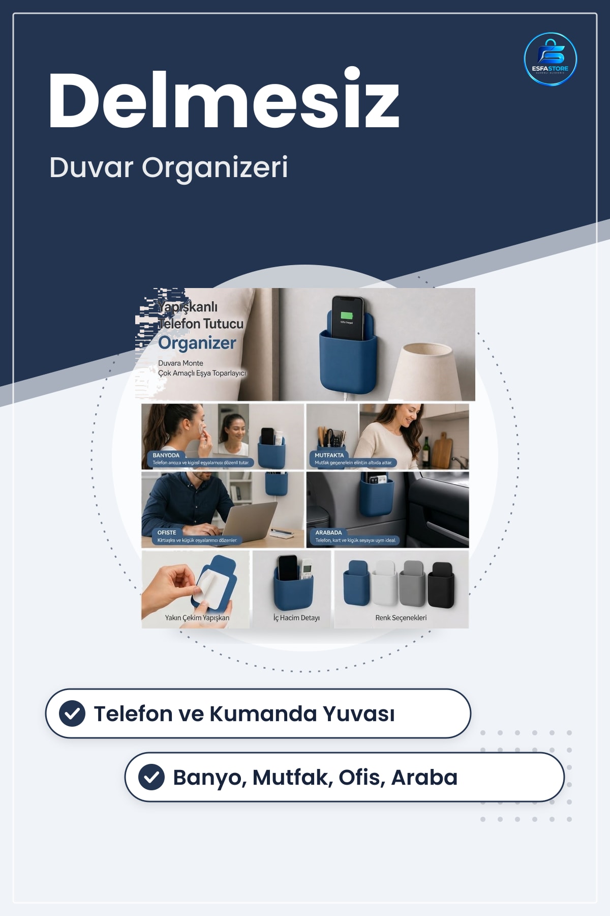 Yapışkanlı Telefon Kumanda Tutucu Duvar Organizeri Çok Amaçlı Eşya Toparlayıcı Delmesiz Montaj