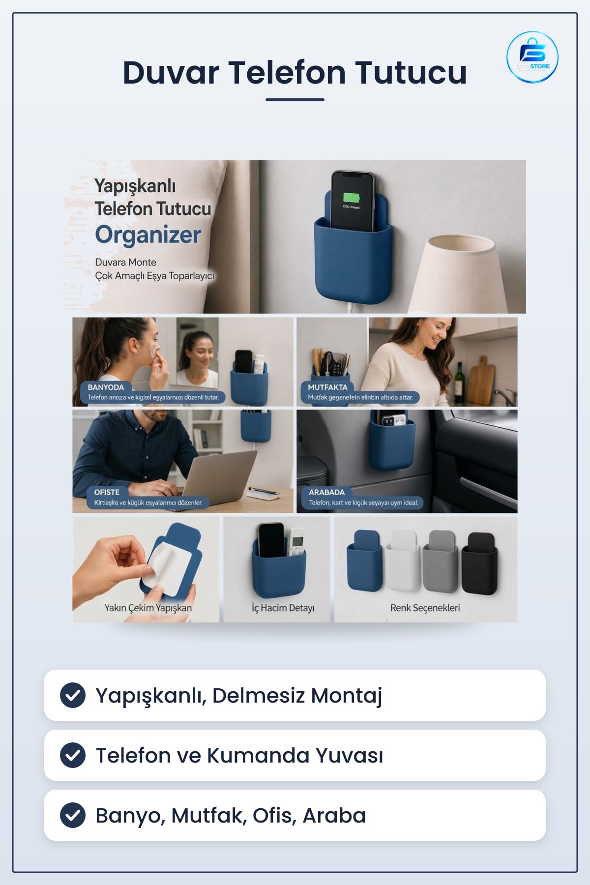 Yapışkanlı Telefon Kumanda Tutucu Duvar Organizeri Çok Amaçlı Eşya Toparlayıcı Delmesiz Montaj