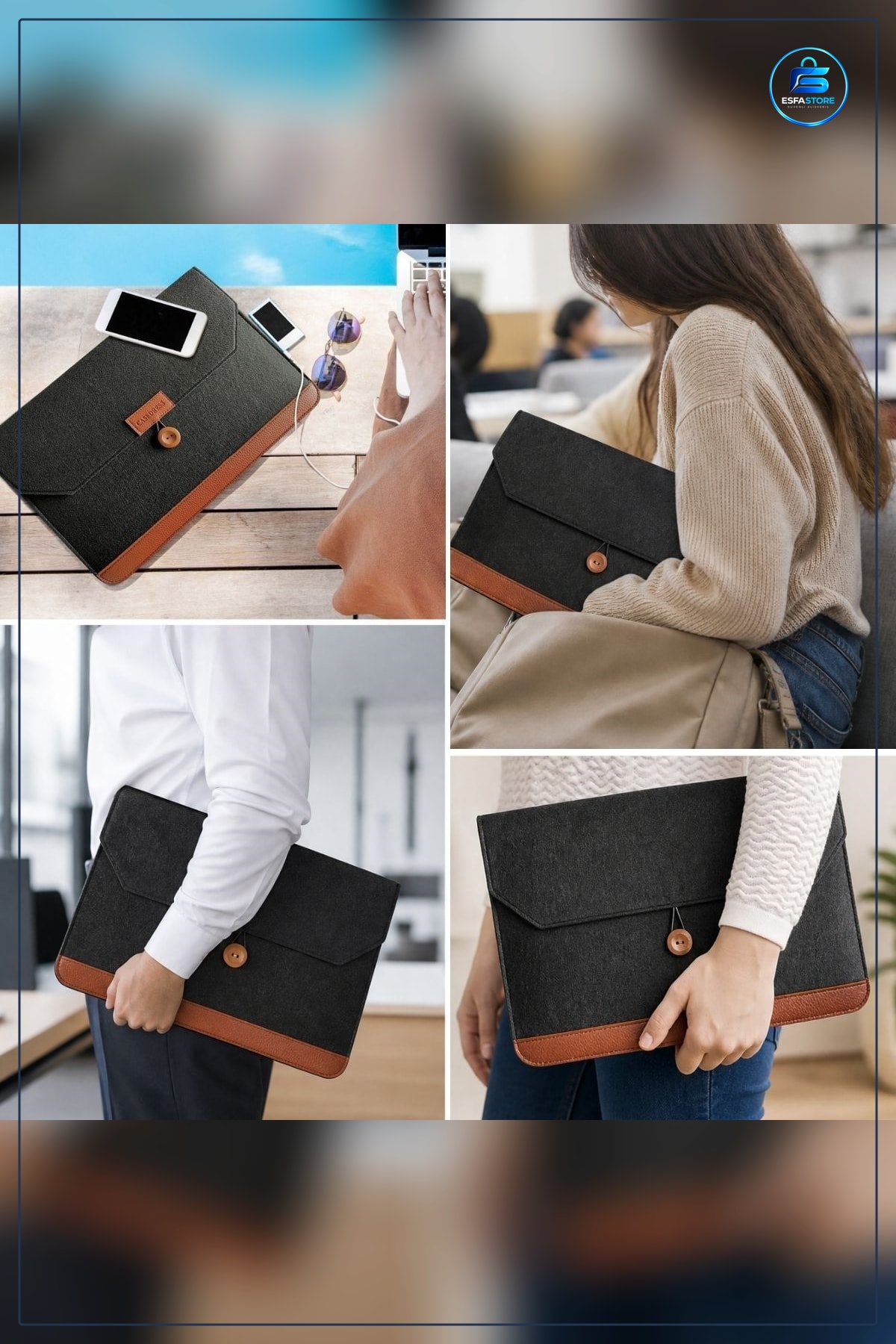 Keçe Laptop ve Evrak Çantası Düğmeli Kapanışlı Notebook Dosya Taşıma Aksesuar Bölmeli Dayanıklı