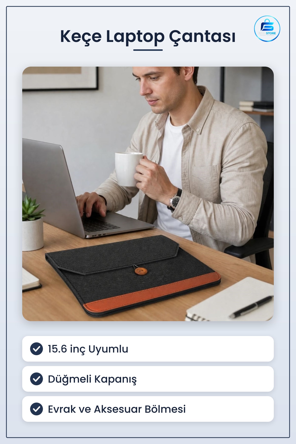 Keçe Laptop ve Evrak Çantası Düğmeli Kapanışlı Notebook Dosya Taşıma Aksesuar Bölmeli Dayanıklı