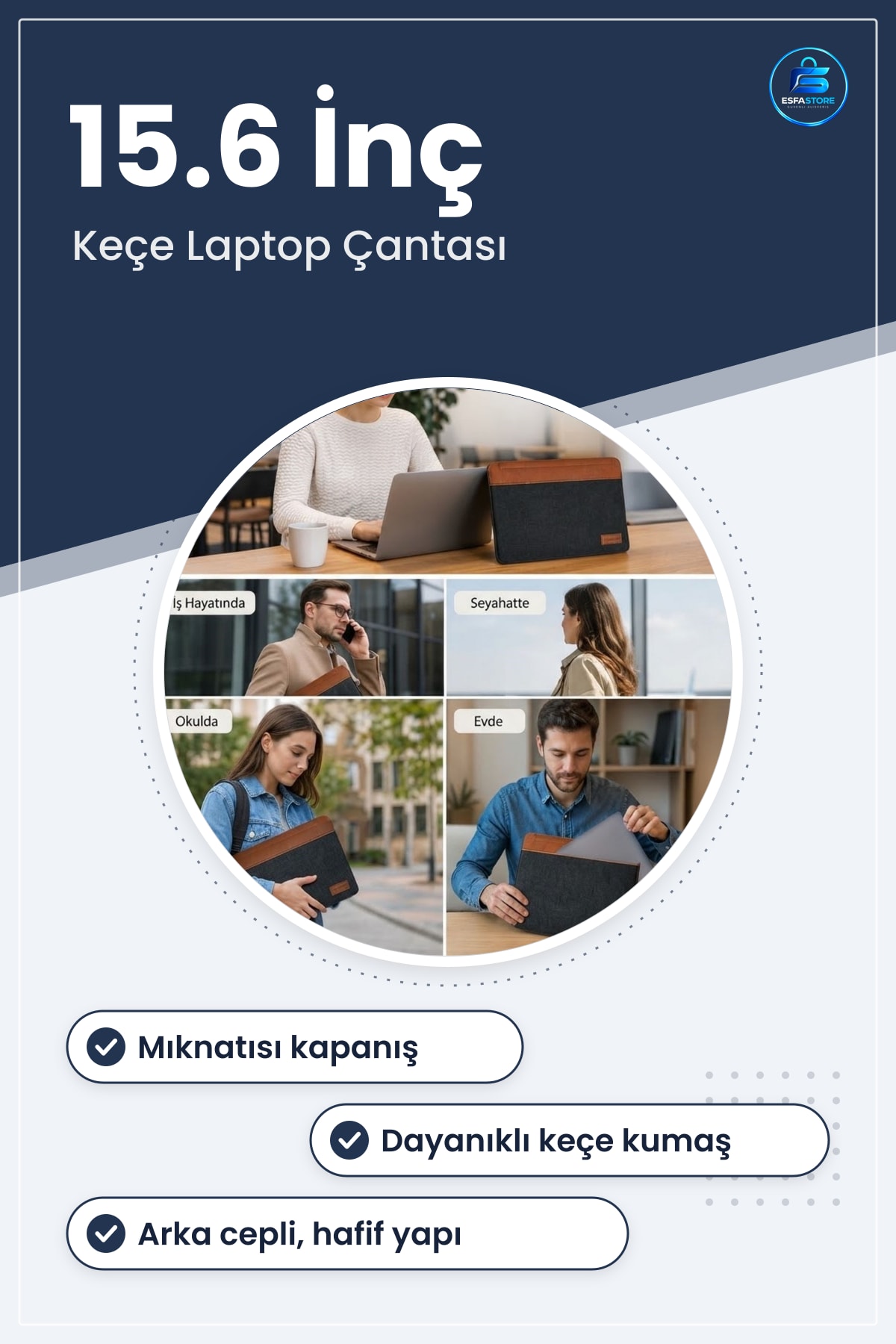 Keçe Laptop ve Evrak Çantası Mıknatıslı Kapanışlı Notebook Dosya Taşıma Arka Cepli Hafif Dayanıklı