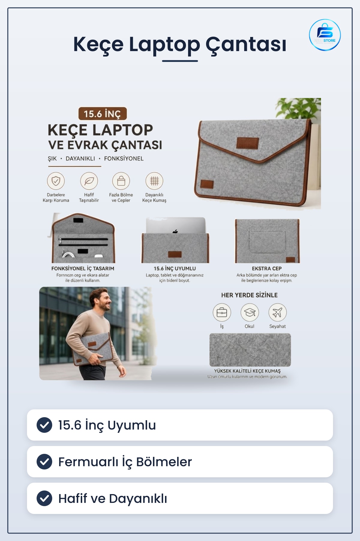 Keçe Laptop ve Evrak Çantası Cırtlı Kapanışlı Notebook Bilgisayar Dosya Taşıma Hafif Dayanıklı