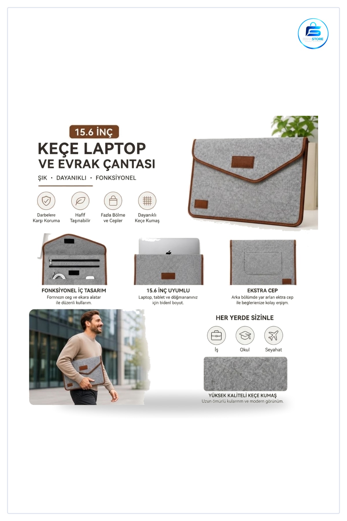 Keçe Laptop ve Evrak Çantası Cırtlı Kapanışlı Notebook Bilgisayar Dosya Taşıma Hafif Dayanıklı