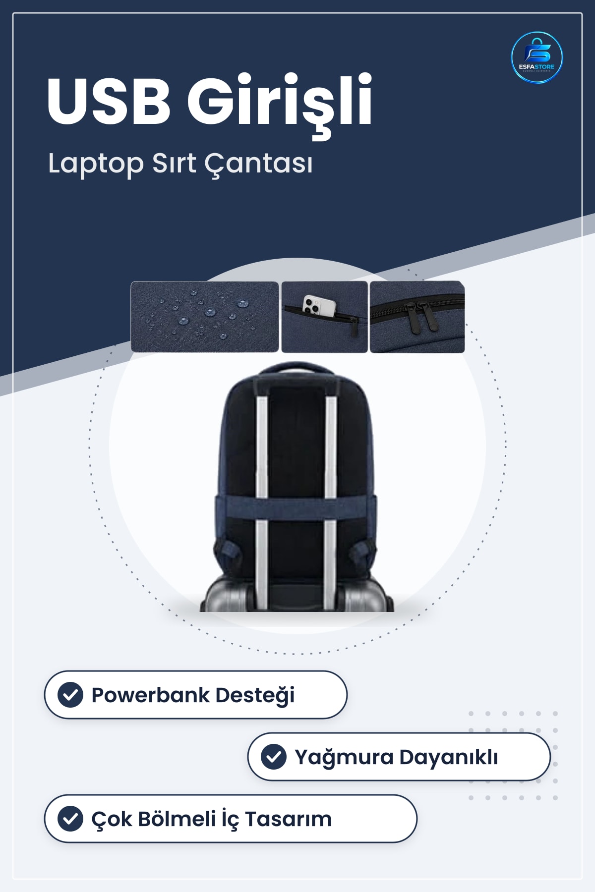 Laptop Sırt Çantası Korumalı İç Bölmeli Organizer Cepli USB Şarj Portlu Notebook Taşıma İş Okul