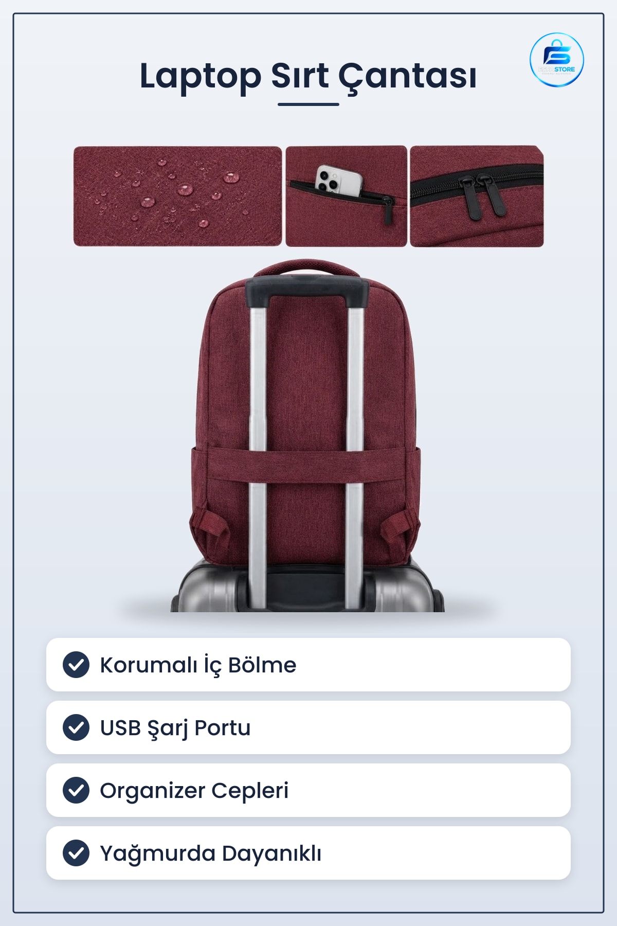 Laptop Sırt Çantası Korumalı İç Bölmeli Organizer Cepli USB Şarj Portlu Notebook Okul İş Seyahat