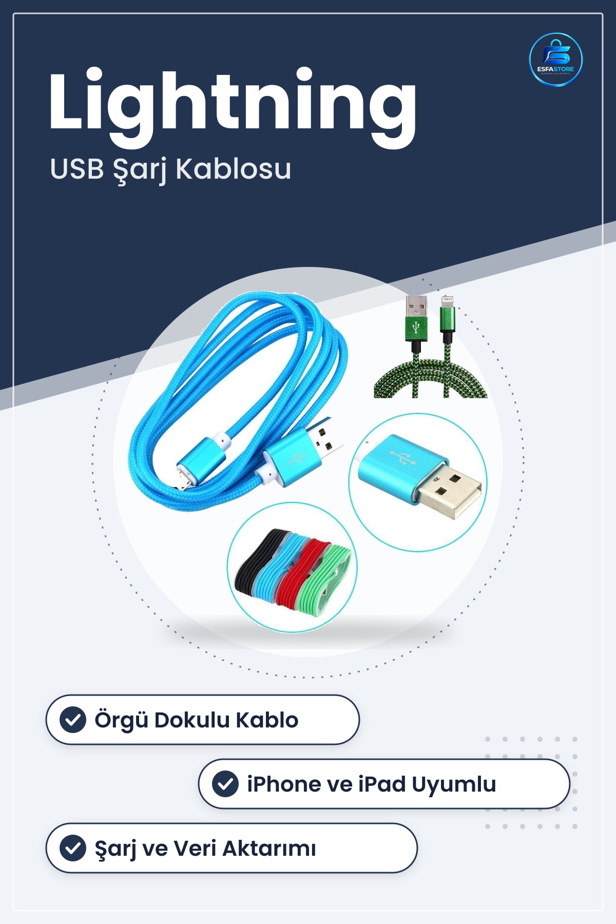 Örgü Şeklinde Lightning USB Şarj Data Kablosu iPhone iPad Uyumlu Dayanıklı Pratik Hediyelik Kullanım
