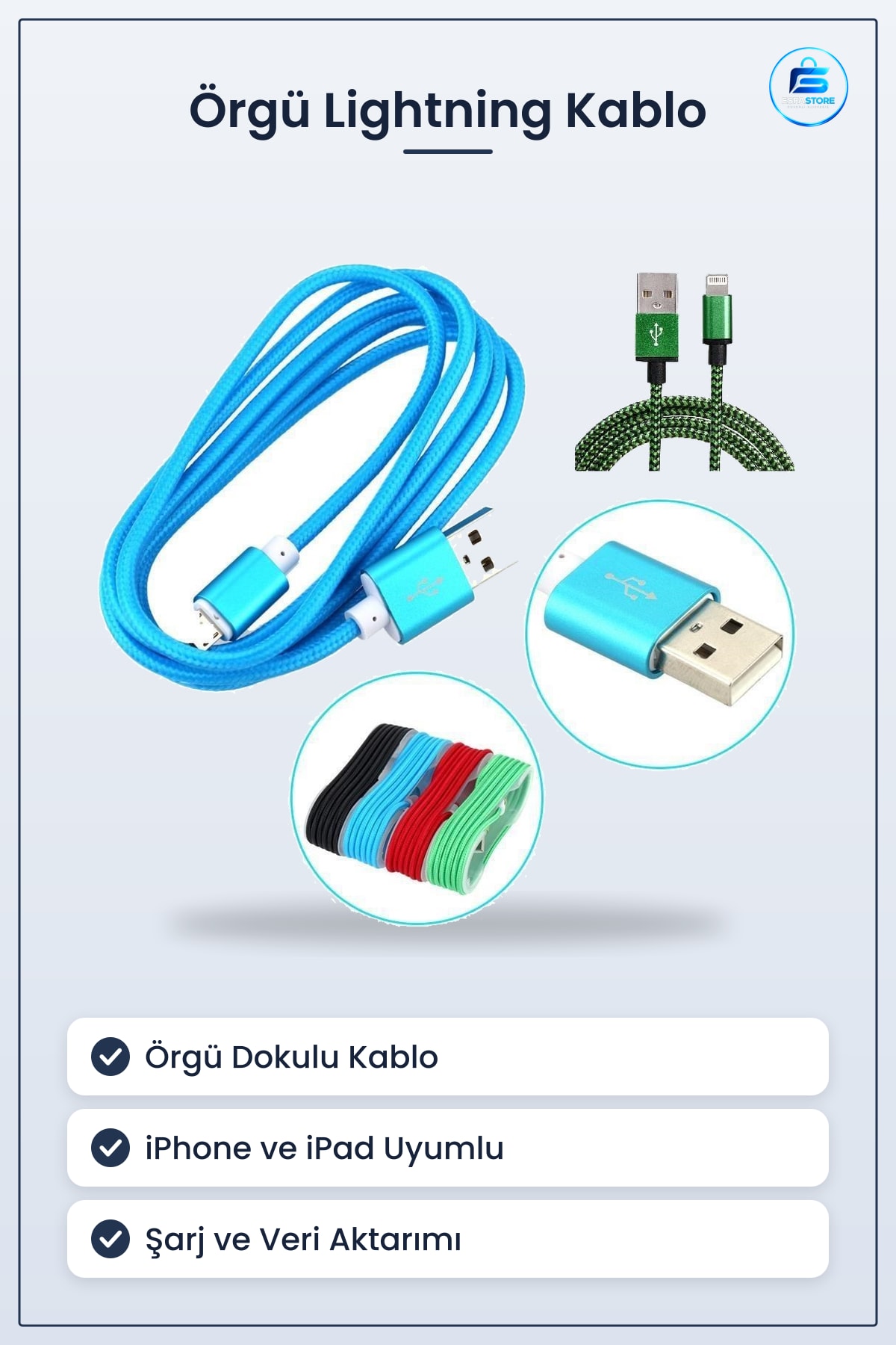 Örgü Şeklinde Lightning USB Şarj Data Kablosu iPhone iPad Uyumlu Dayanıklı Pratik Hediyelik Kullanım