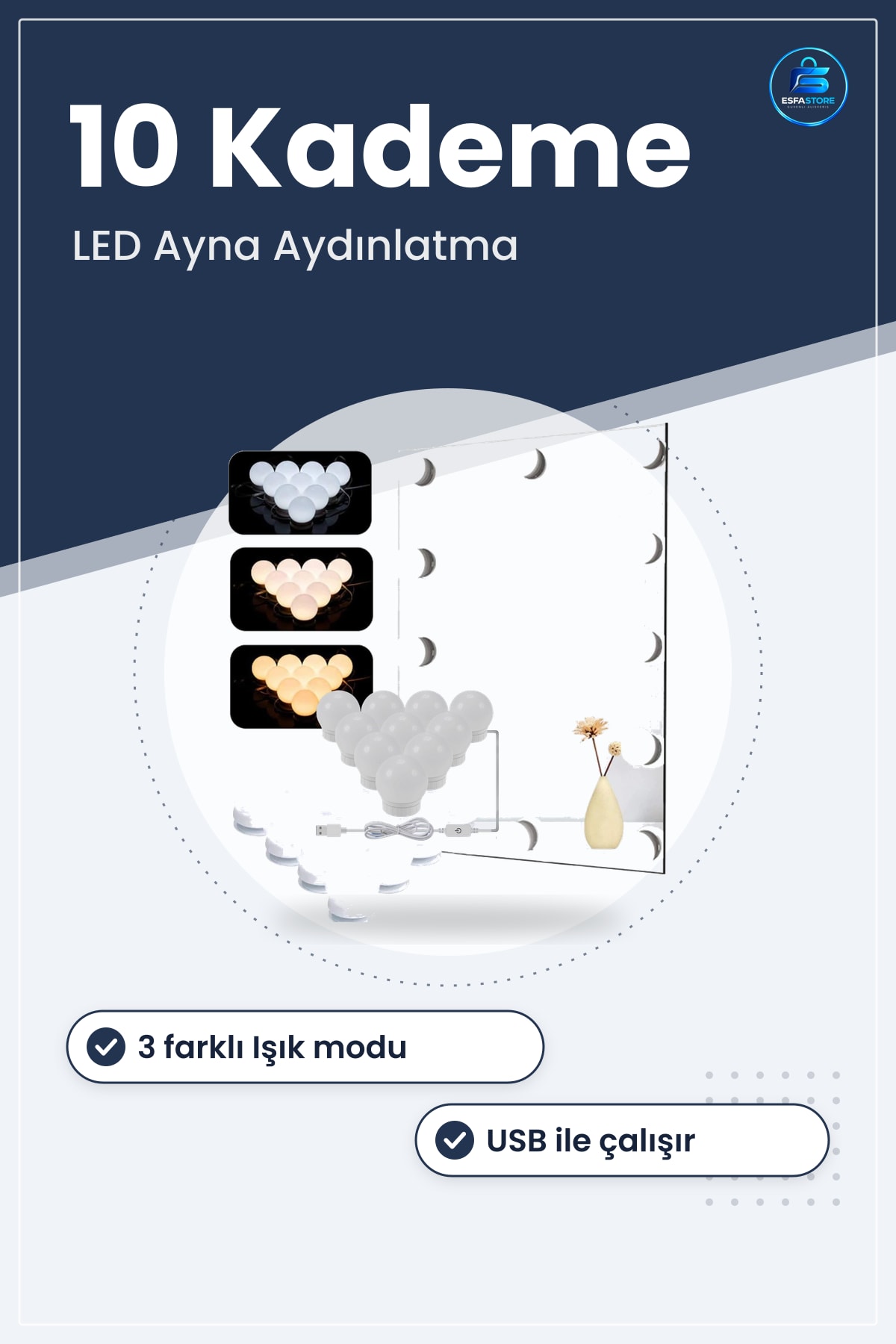 Makyaj Masası Aynaığı Hollywood Tarzı Led Ampullü Dimmer Ayarlı USB Aydınlatma Yapıştırıcılı
