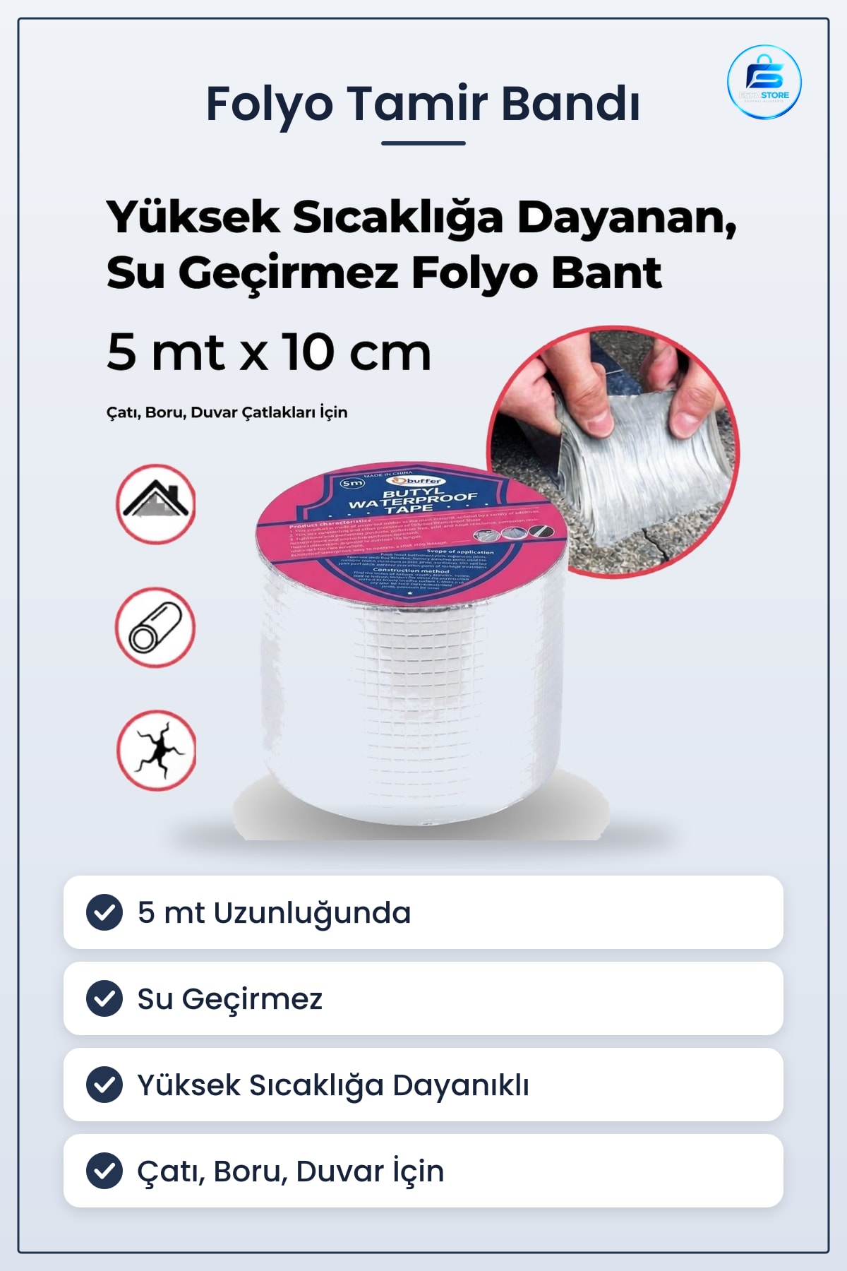 Folyo Tamir Bandı Su Geçirmez Yüksek Sıcaklığa Dayanıklı Çatı Boru Duvar Çatlak Onarıcı Yapışkanlı