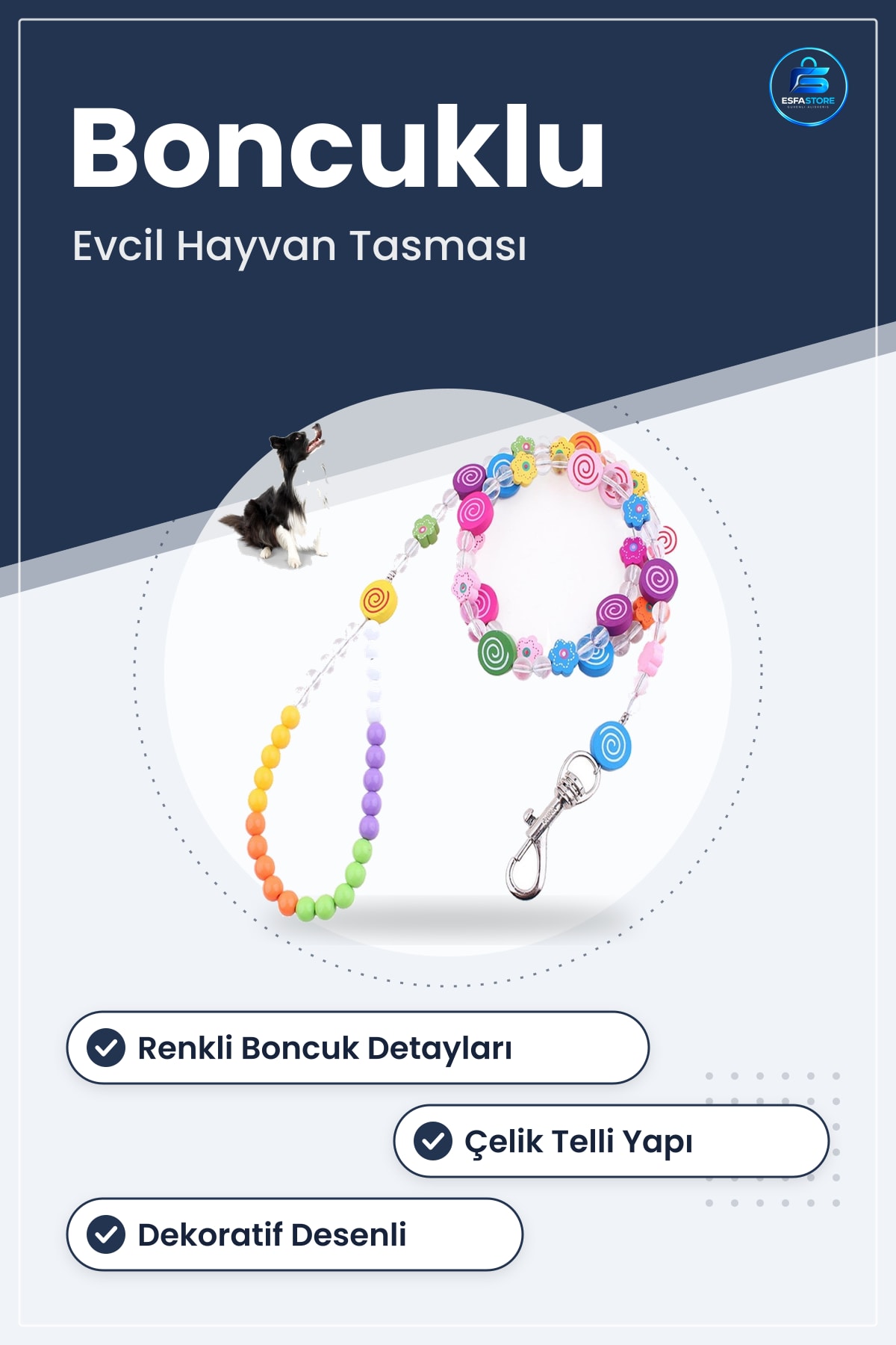 Kedi Köpek Tasması Boncuklu Desenli Çelik Telli Süslü Sevimli Dekoratif Evcil Hayvan Aksesuarı