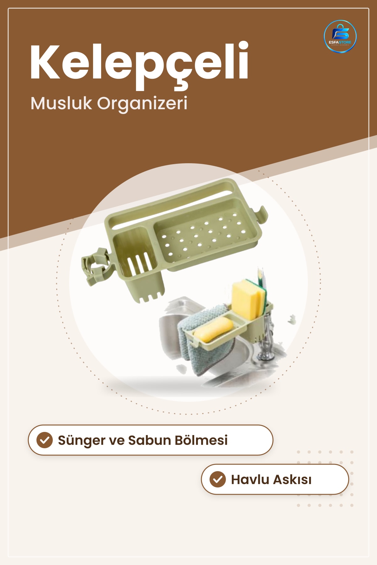 Musluğa Takılan Sünger Havlu Askılı Sabunluklu Mutfak Banyo Lavabo Düzenleyici Organizer Pratik