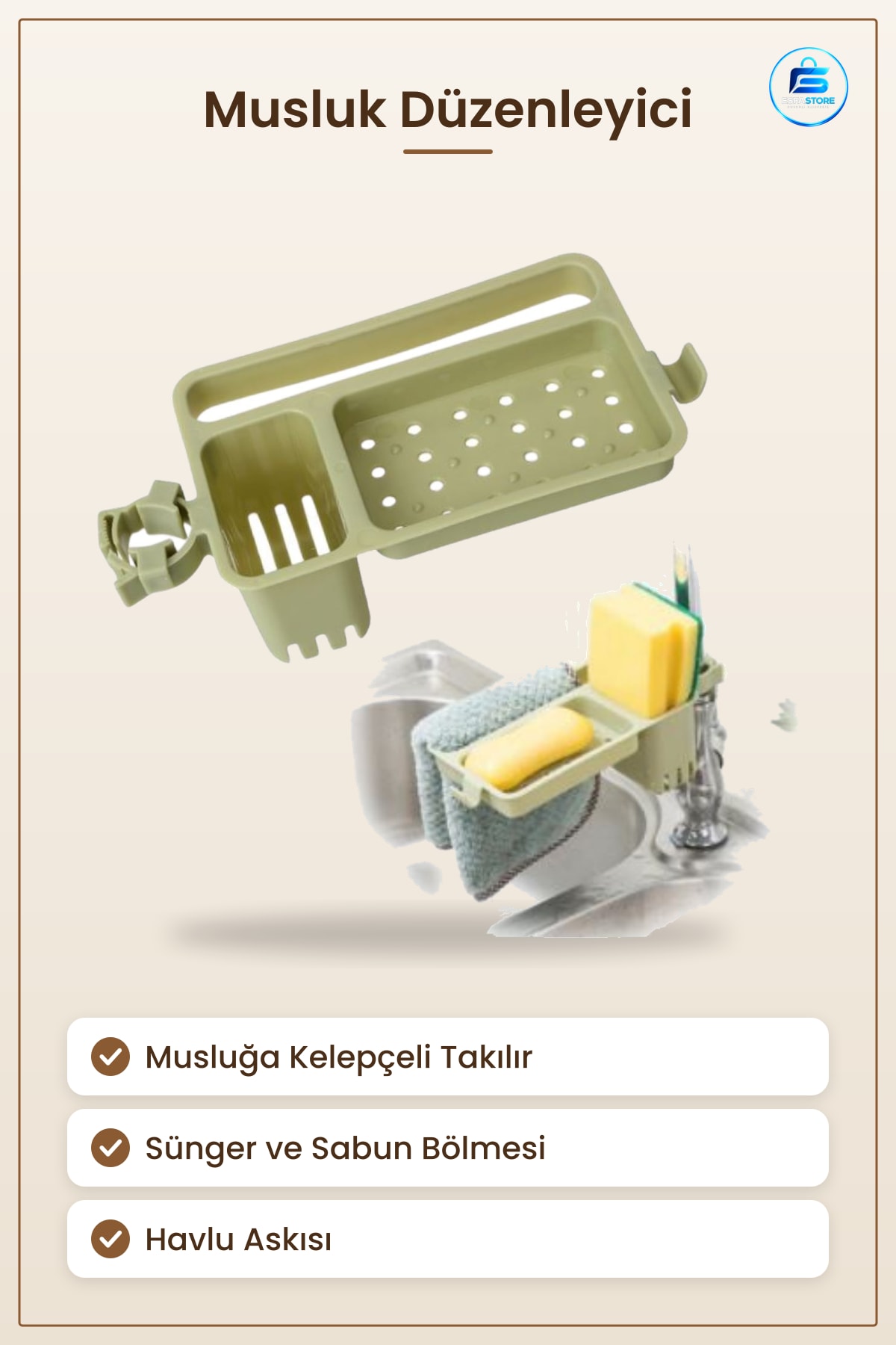 Musluğa Takılan Sünger Havlu Askılı Sabunluklu Mutfak Banyo Lavabo Düzenleyici Organizer Pratik