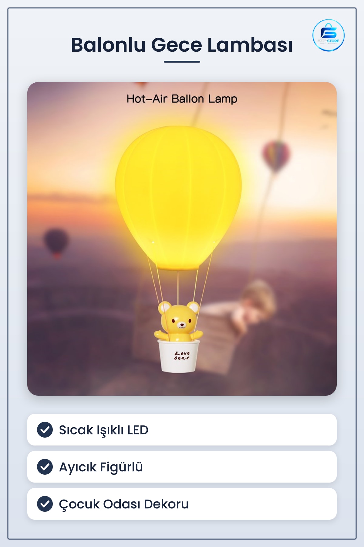 Balonlu Ayıcıklı Led Gece Lambası Çocuk Odası İçin Dekoratif Sevimli Hediyelik Aydınlatma