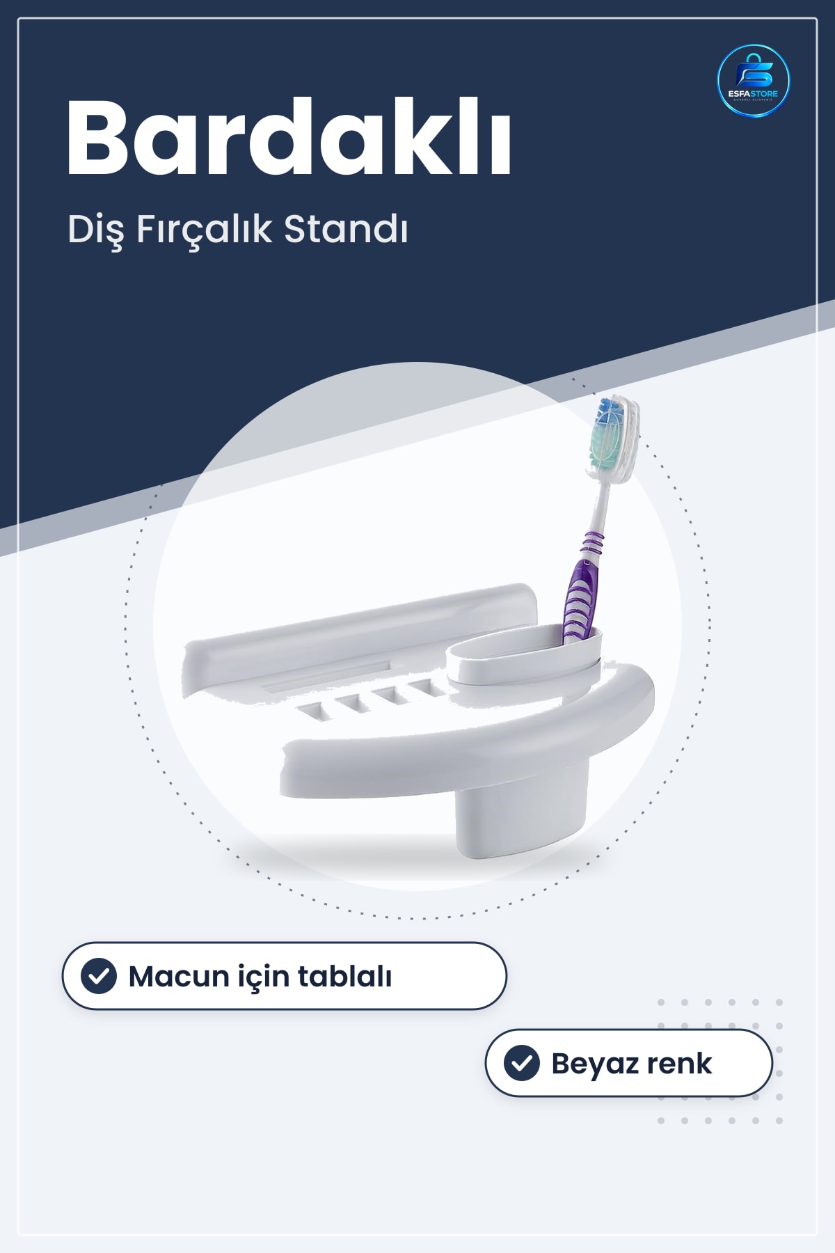 Banyo Beyaz Fırçalık Bardaklı Diş Fırçası Macun Tutacağı Stand Aparatı Tutma Kabı Raflı
