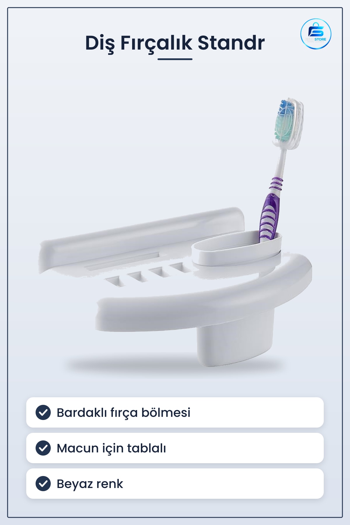 Banyo Beyaz Fırçalık Bardaklı Diş Fırçası Macun Tutacağı Stand Aparatı Tutma Kabı Raflı