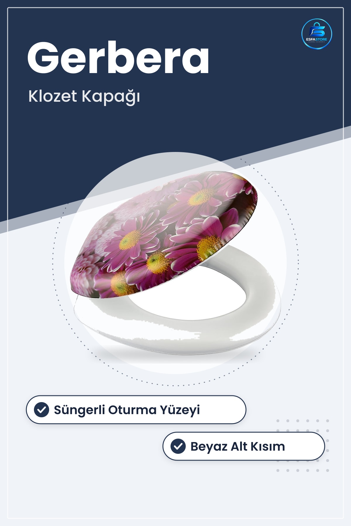 Çiçekli Klozet Kapağı Süngerli Ekstra Yumuşak Tuvalet Oturağı Pembe Gerbera Desenli Wc